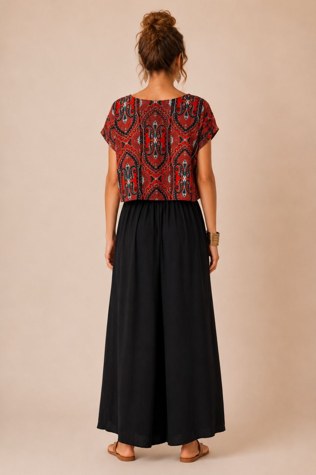 Kayık Yaka Oversize Yazlık Crop Bohem Bluz Siyah - Kırmızı