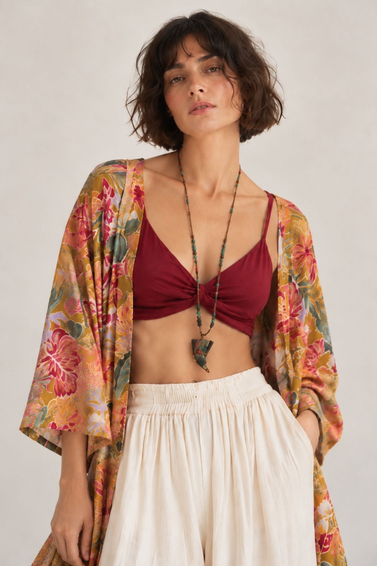 Uzun Kollu Desenli Bohem Kimono Hardal