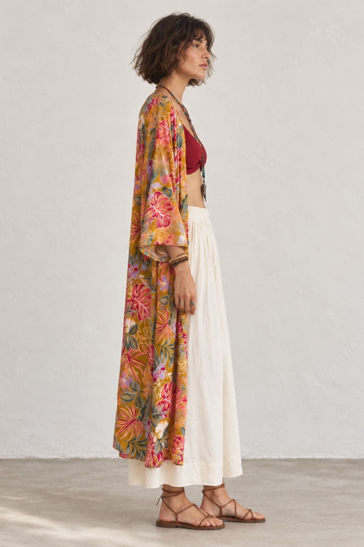 Uzun Kollu Desenli Bohem Kimono Hardal