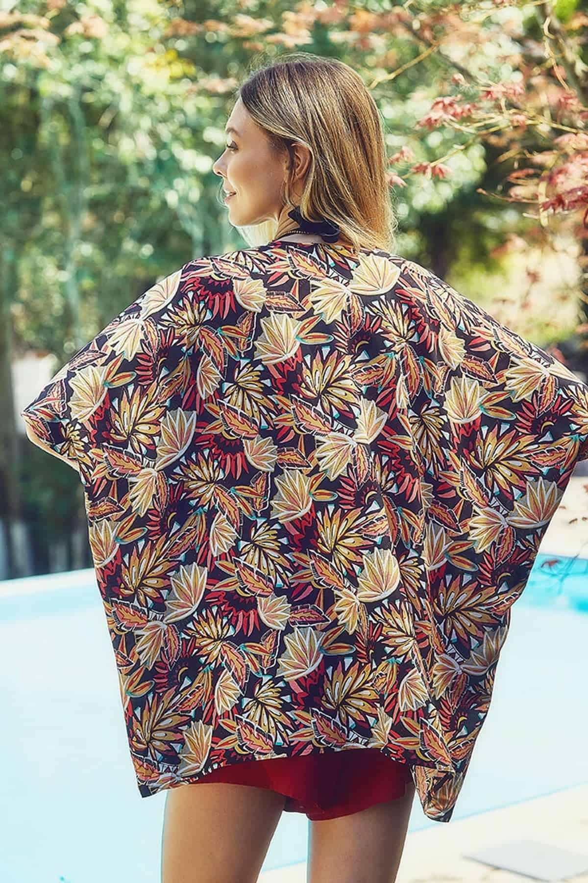 Etnik Desenli Kimono Siyah