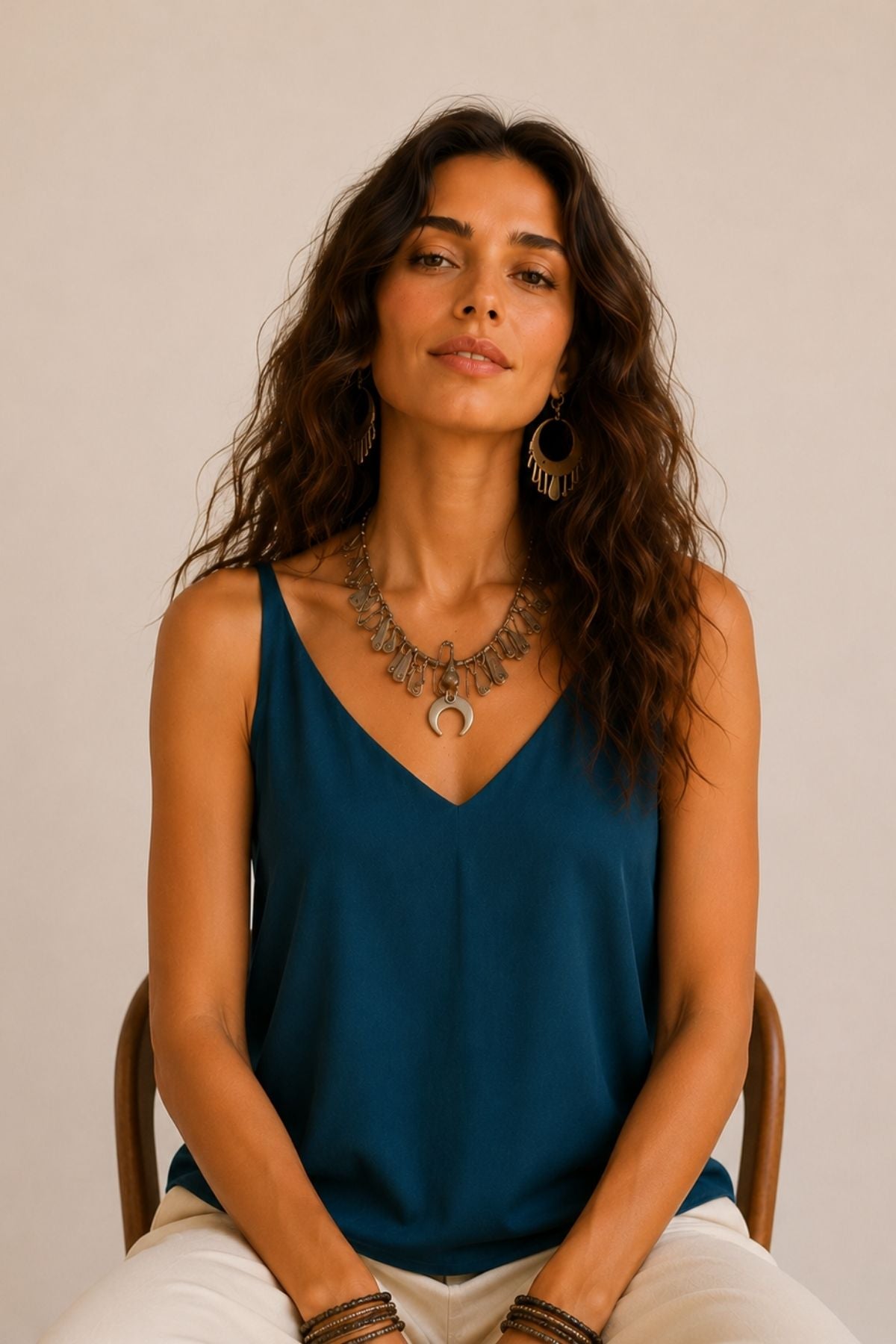 V Yaka Minimal Askılı Bluz Petrol