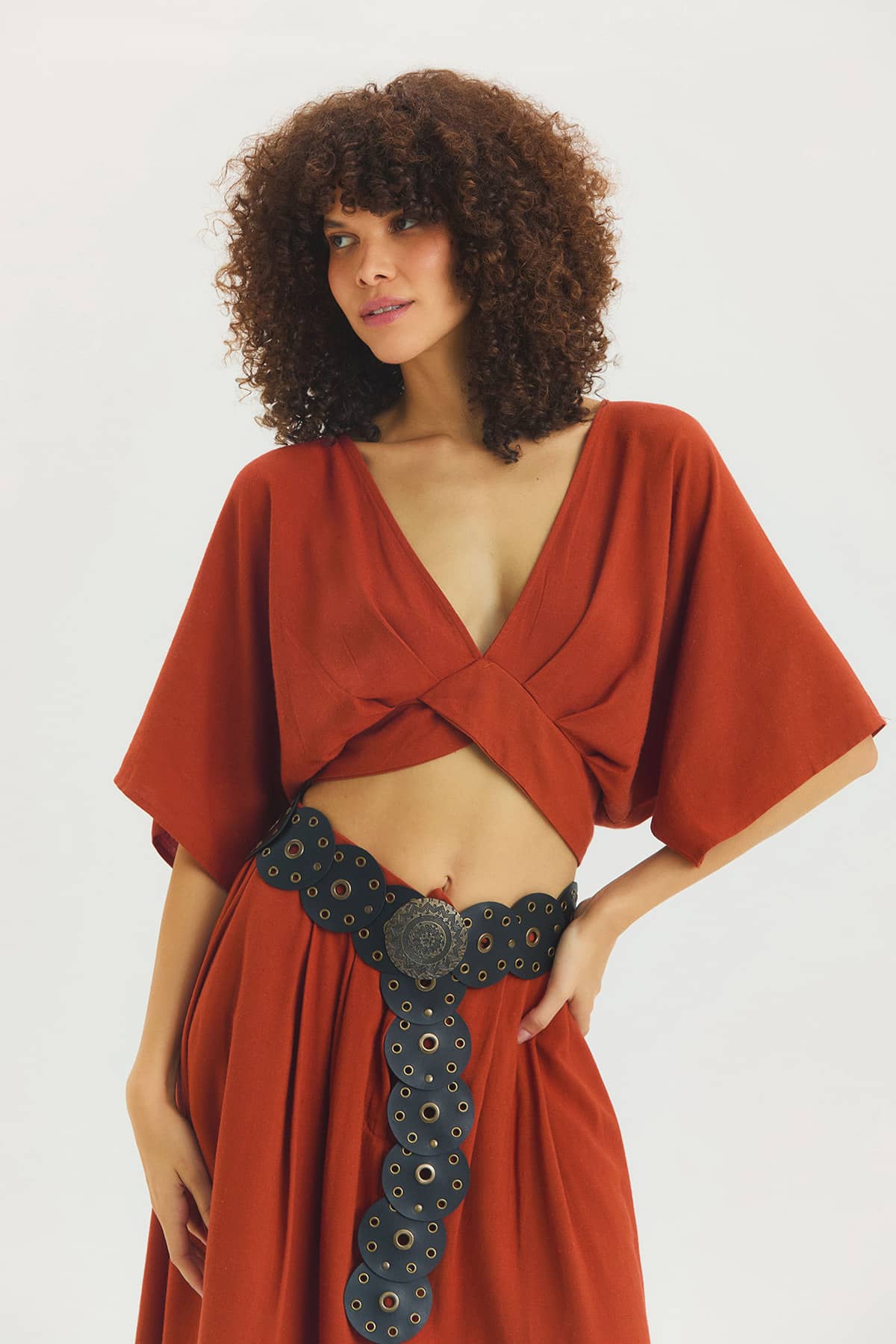 Arkadan Bağlamalı Bohem Crop Bluz Kiremit
