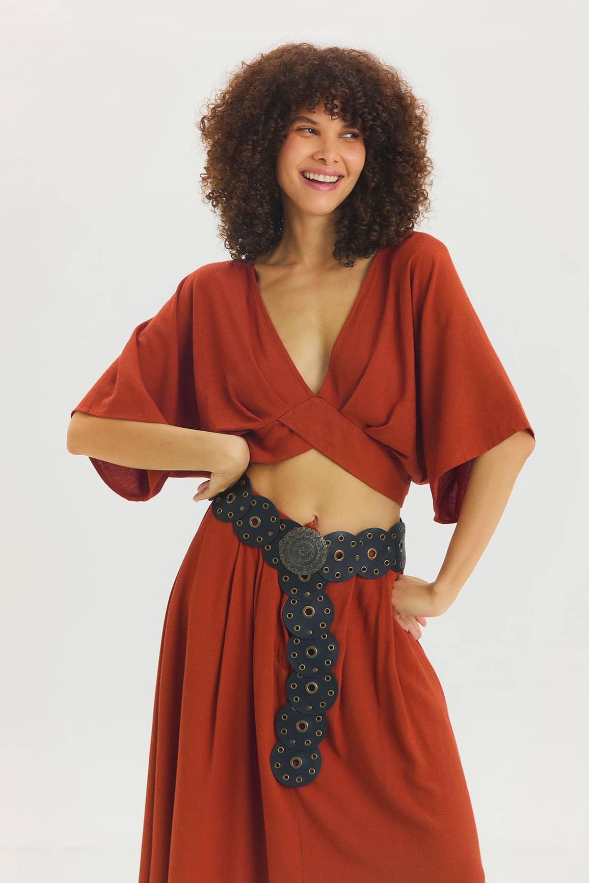Arkadan Bağlamalı Bohem Crop Bluz Kiremit