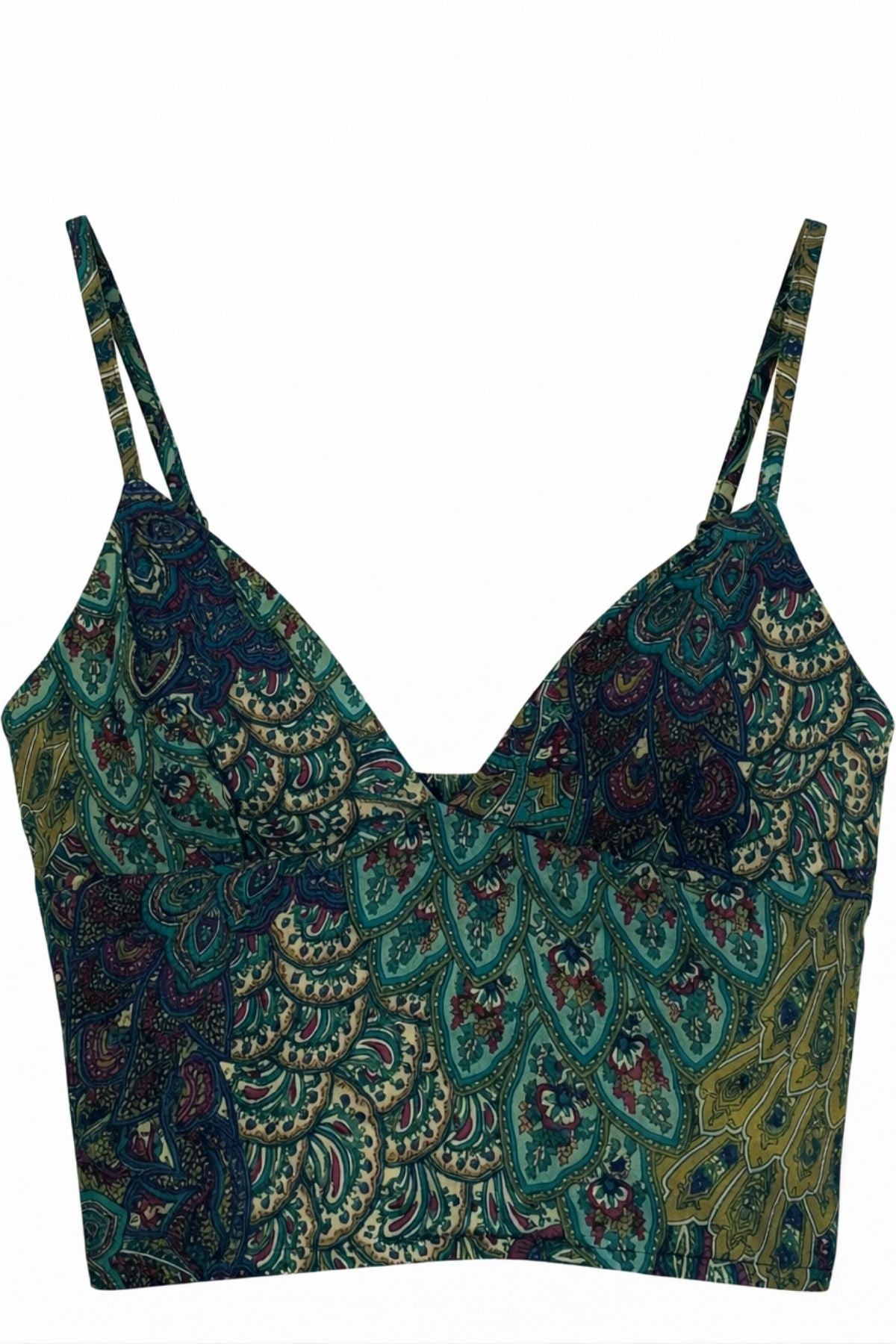 Desenli V Yaka Askılı Crop Top Turkuaz