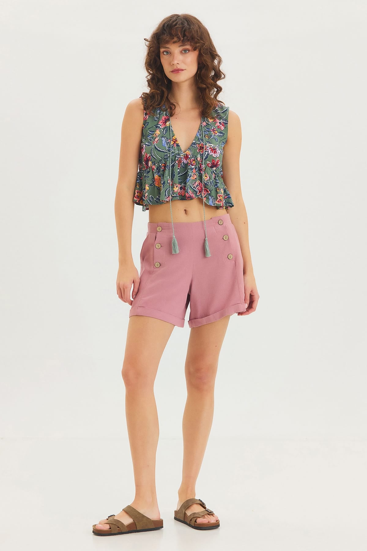 V Yaka Çiçek Desenli Crop Bluz Gri