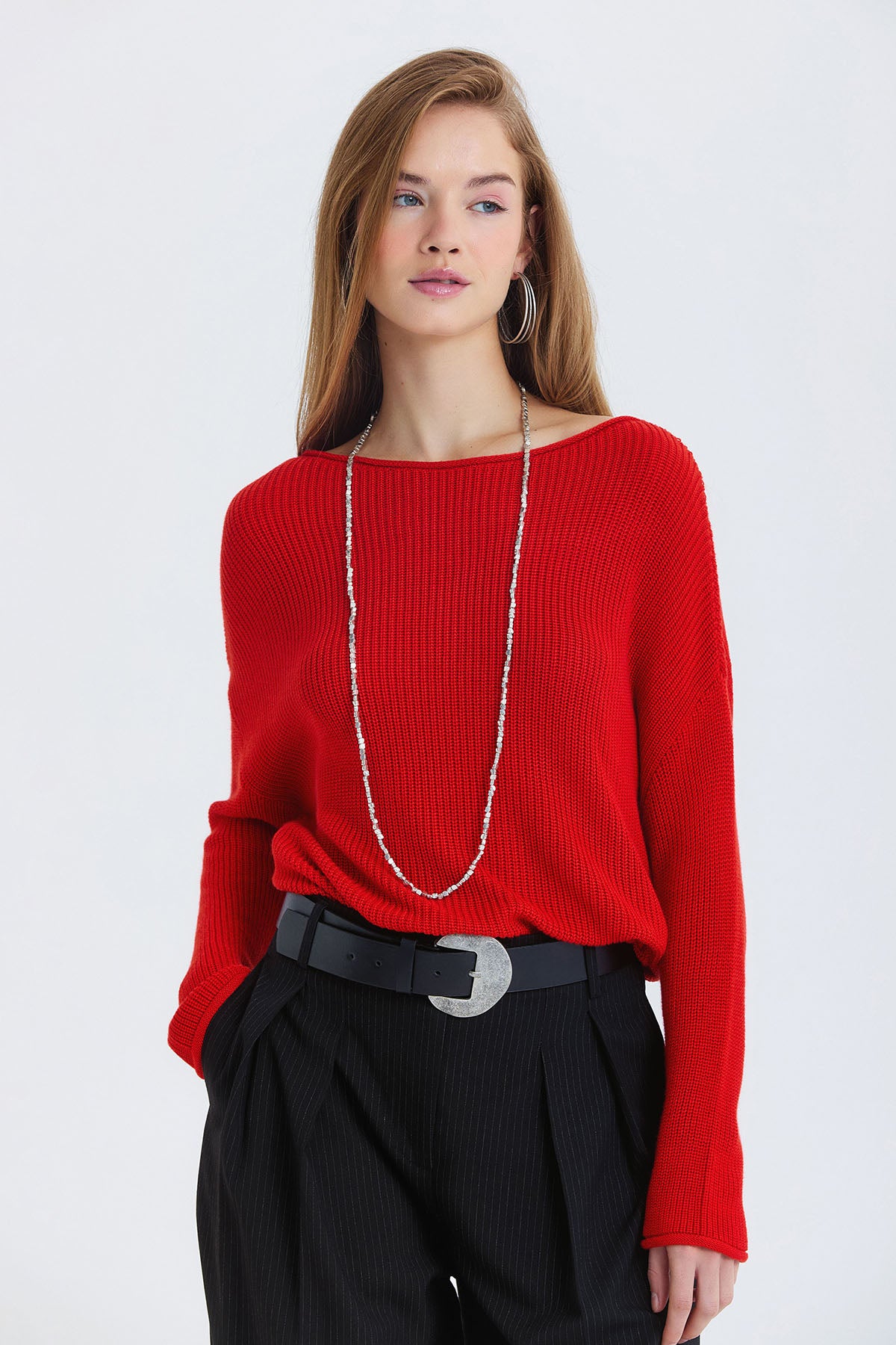 Kayık Yaka Basic Triko Kazak Kırmızı