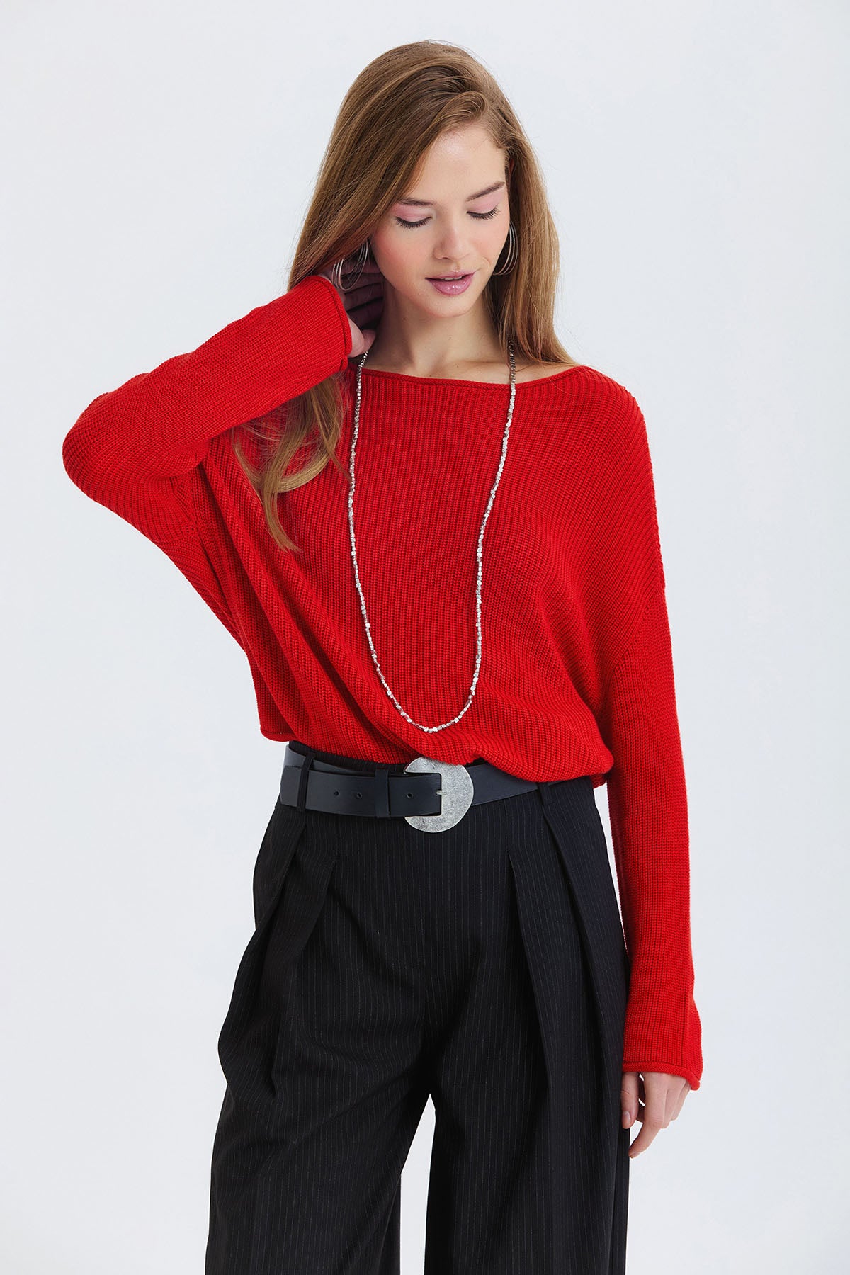 Kayık Yaka Basic Triko Kazak Kırmızı