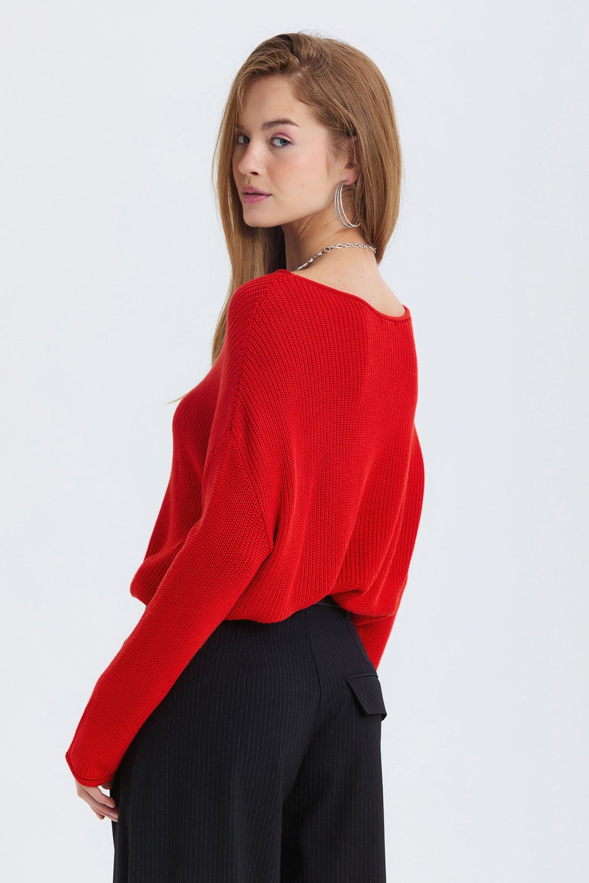 Kayık Yaka Basic Triko Kazak Kırmızı