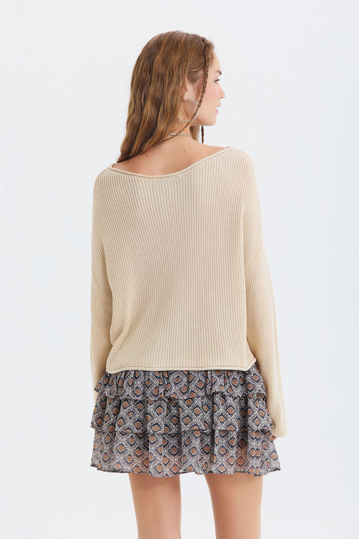 Kayık Yaka Basic Triko Kazak Bej