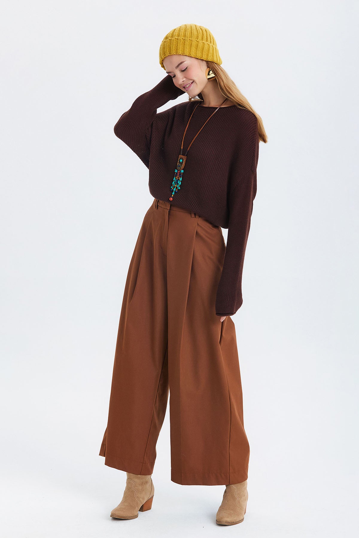 Kayık Yaka Basic Triko Kazak Kahverengi