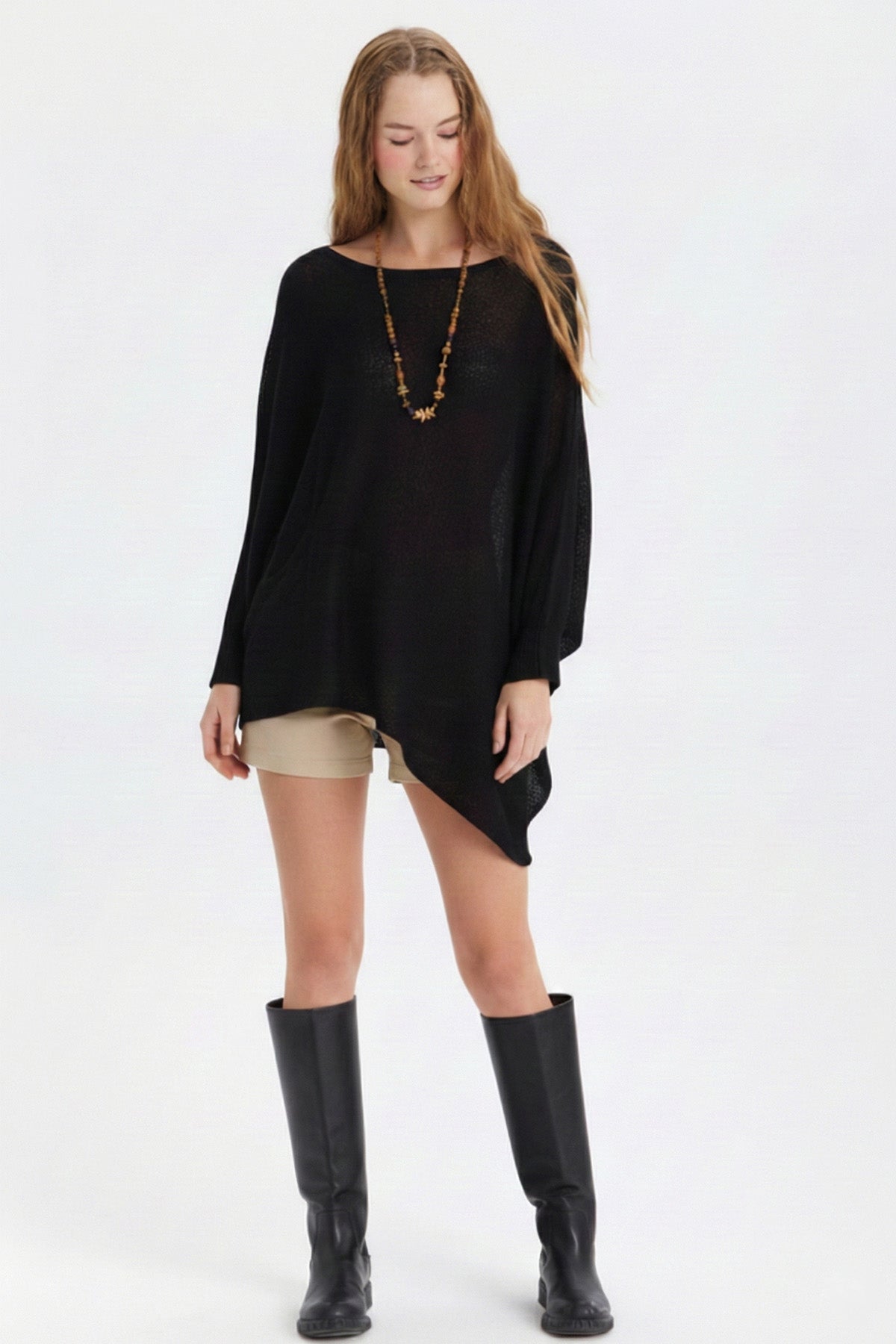 Salaş Asimetrik Uzun Bohem Tarz Triko Bluz Siyah