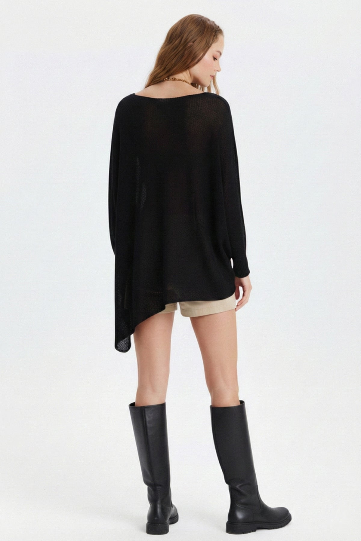 Salaş Asimetrik Uzun Bohem Tarz Triko Bluz Siyah