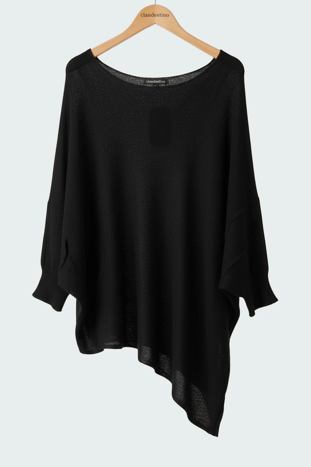 Salaş Asimetrik Uzun Bohem Tarz Triko Bluz Siyah