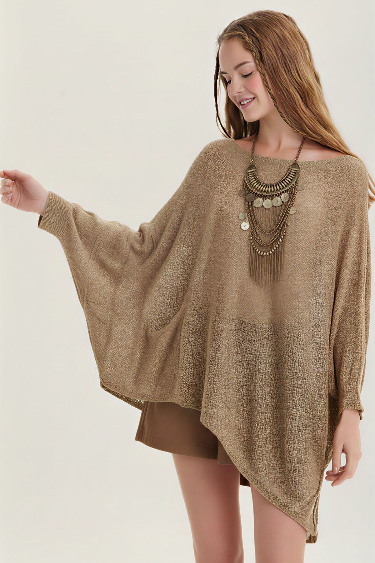 Salaş Asimetrik Uzun Bohem Tarz Triko Bluz Taba