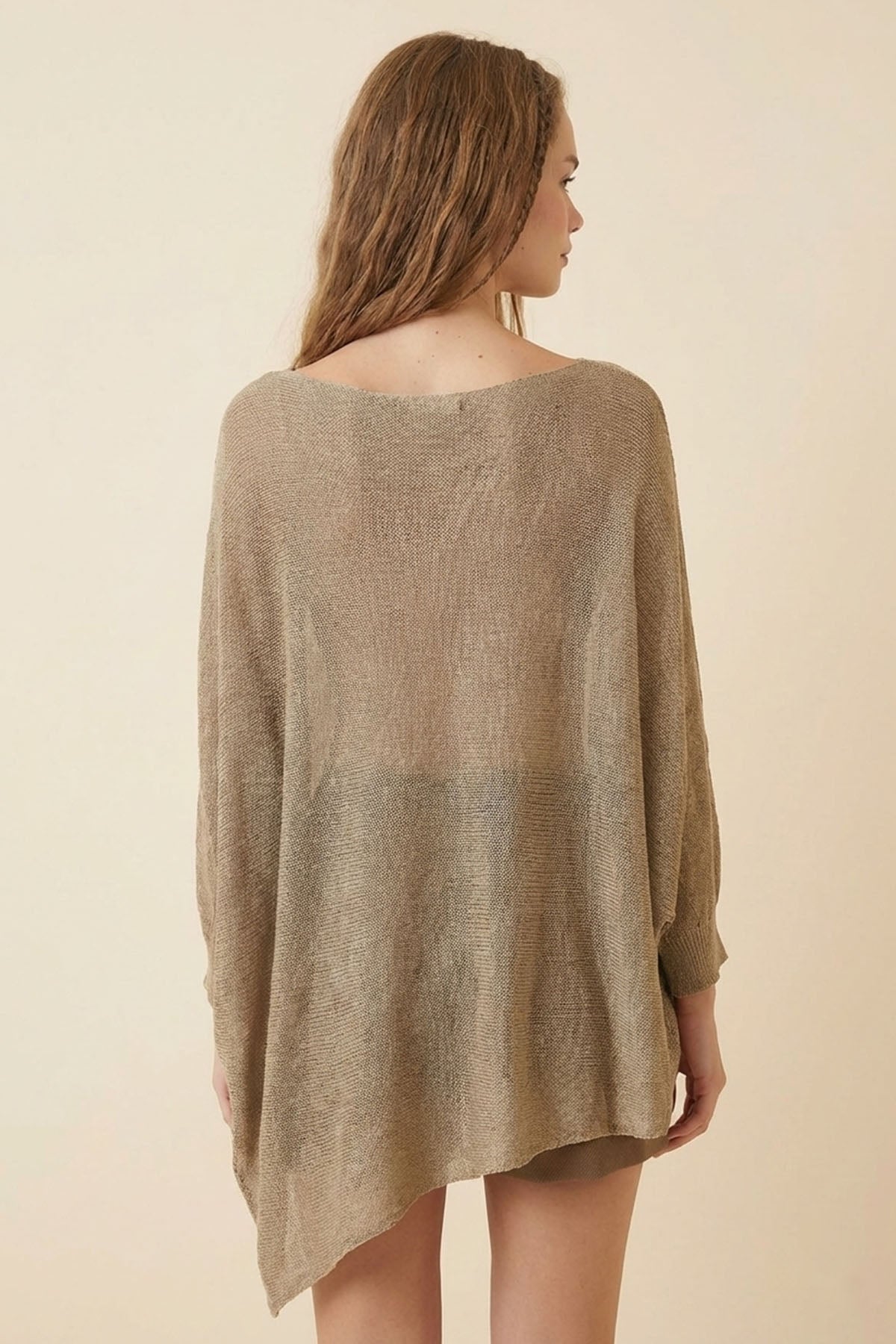 Salaş Asimetrik Uzun Bohem Tarz Triko Bluz Taba