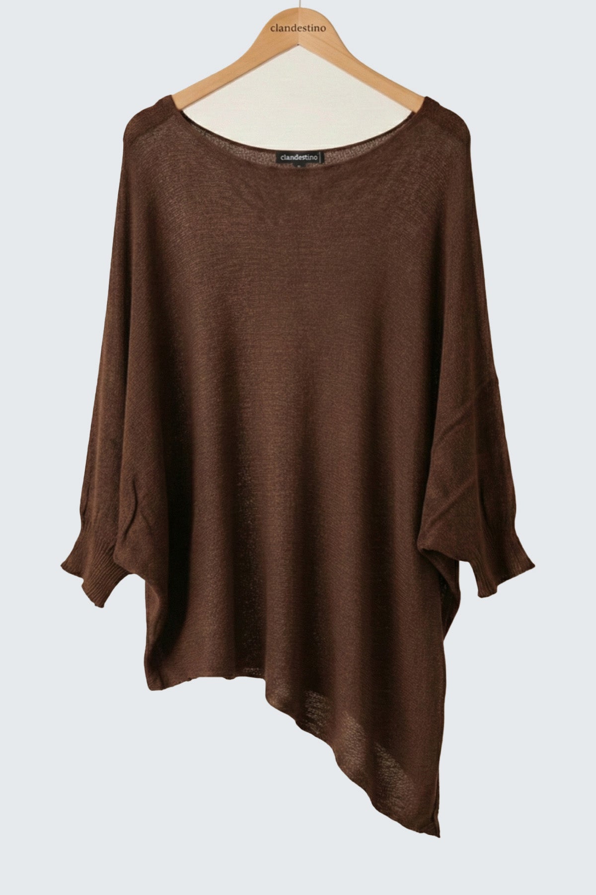 Salaş Asimetrik Uzun Bohem Tarz Triko Bluz Kahverengi