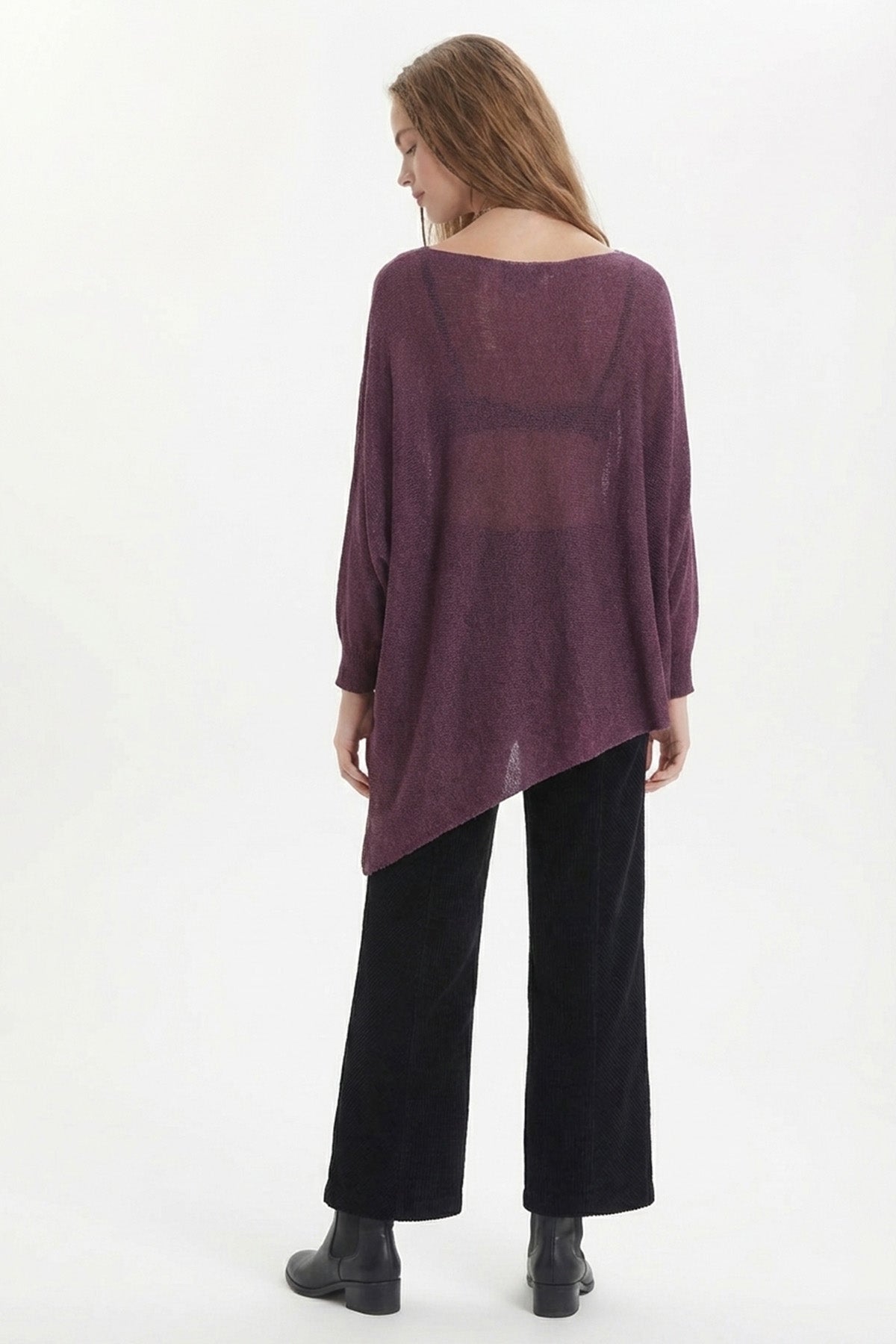 Salaş Asimetrik Uzun Bohem Tarz Triko Bluz Mürdüm