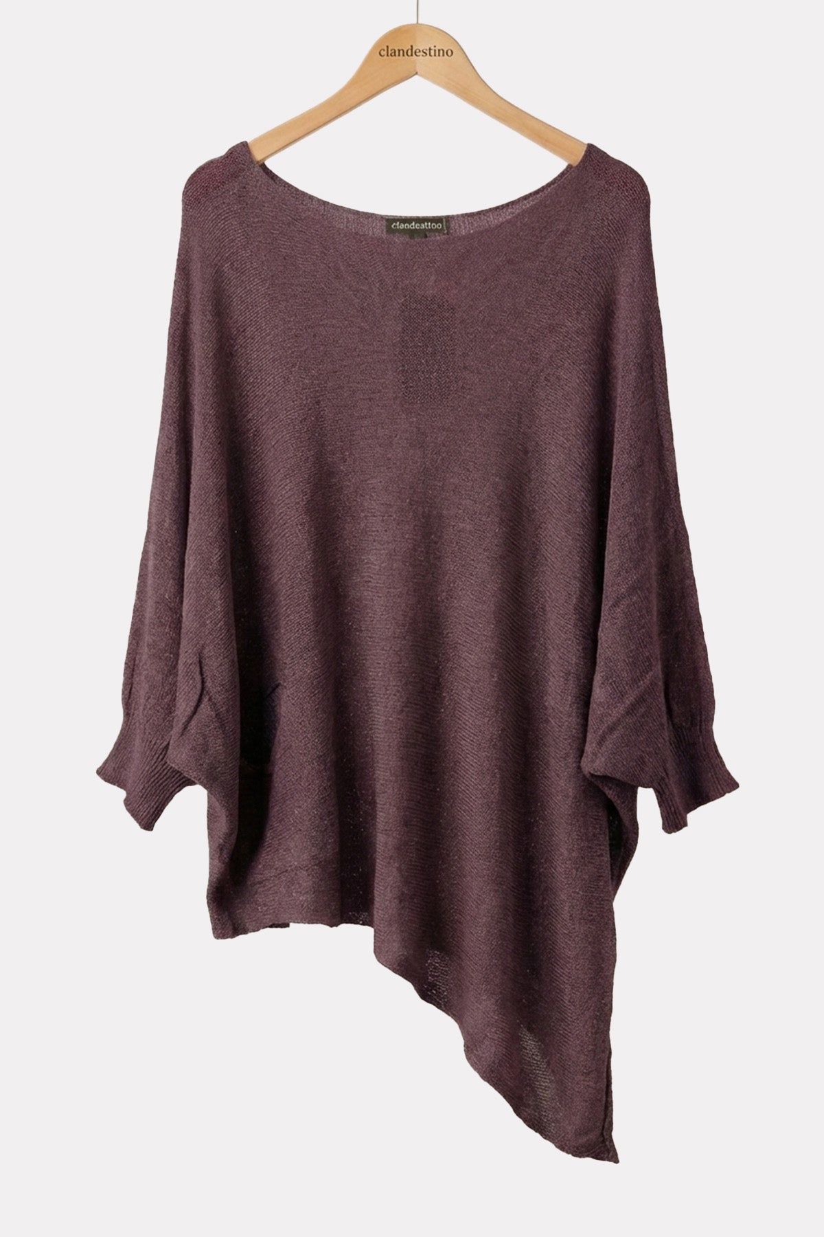 Salaş Asimetrik Uzun Bohem Tarz Triko Bluz Mürdüm