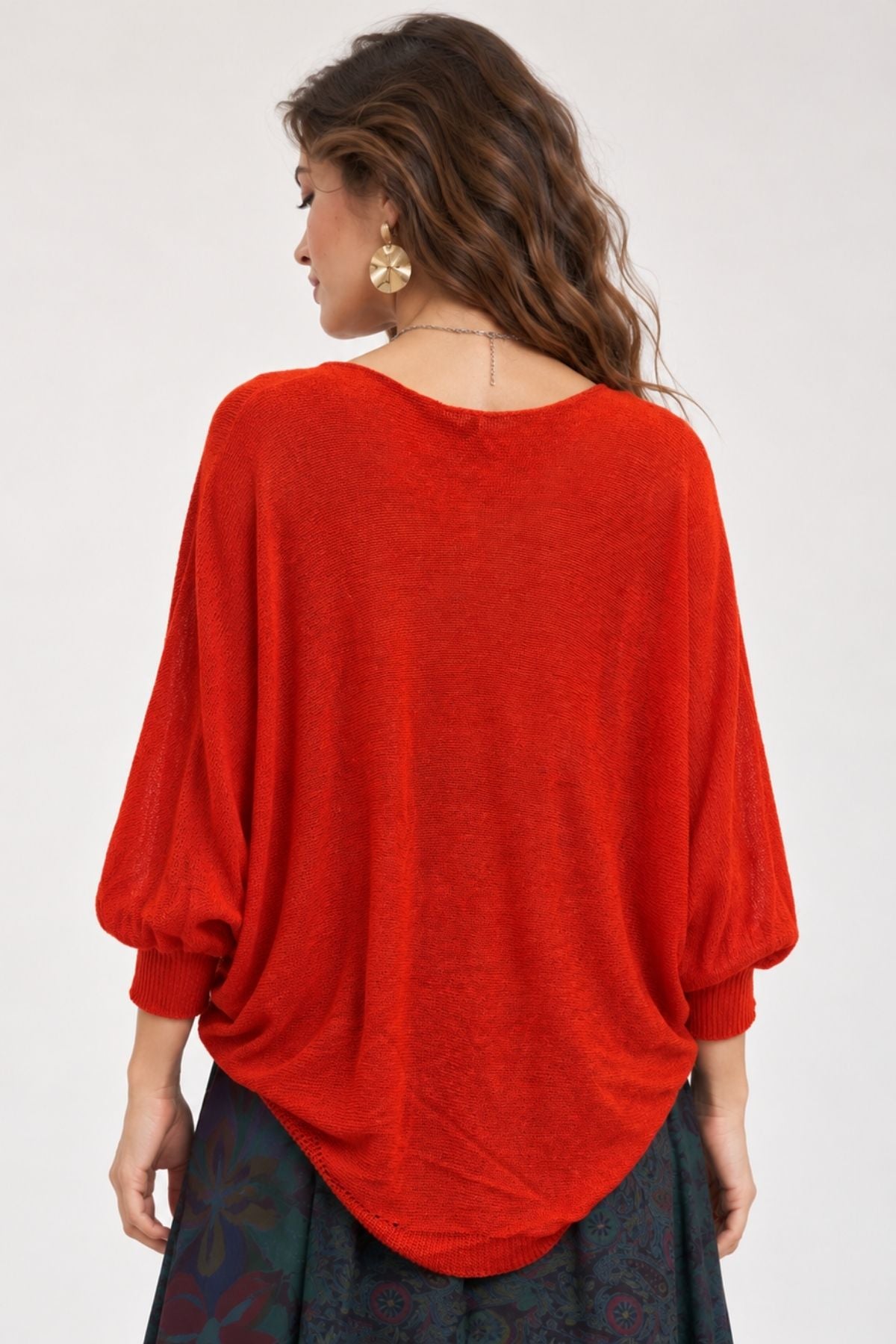 Oversize Bohem Triko Bluz Kırmızı