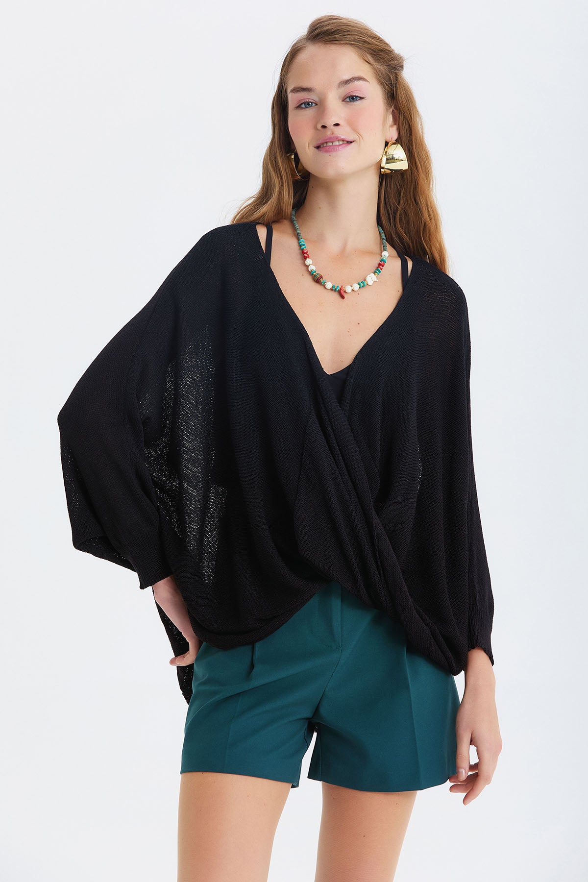 Oversize Bohem Triko Bluz Siyah