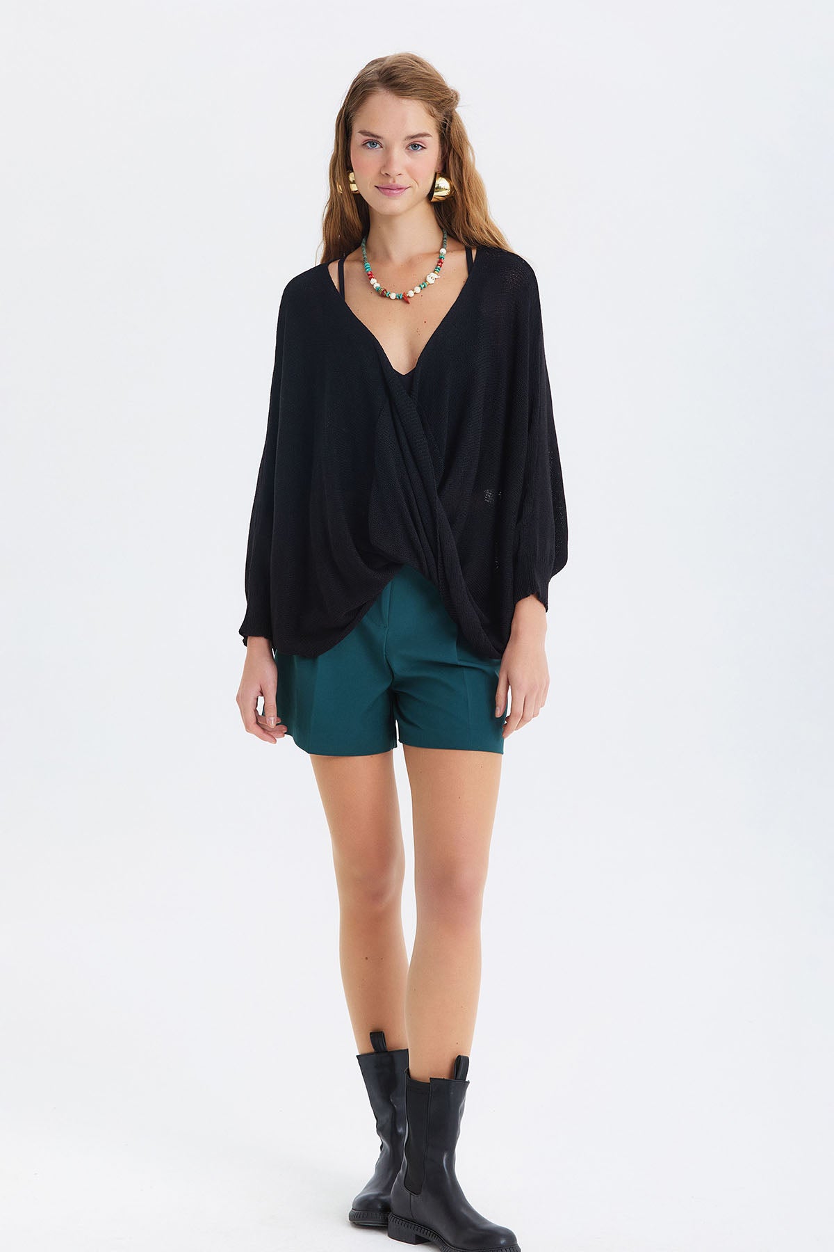 Oversize Bohem Triko Bluz Siyah