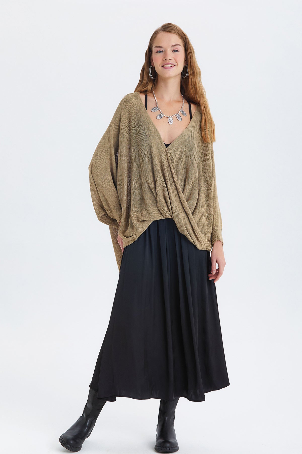 Oversize Bohem Triko Bluz Taba