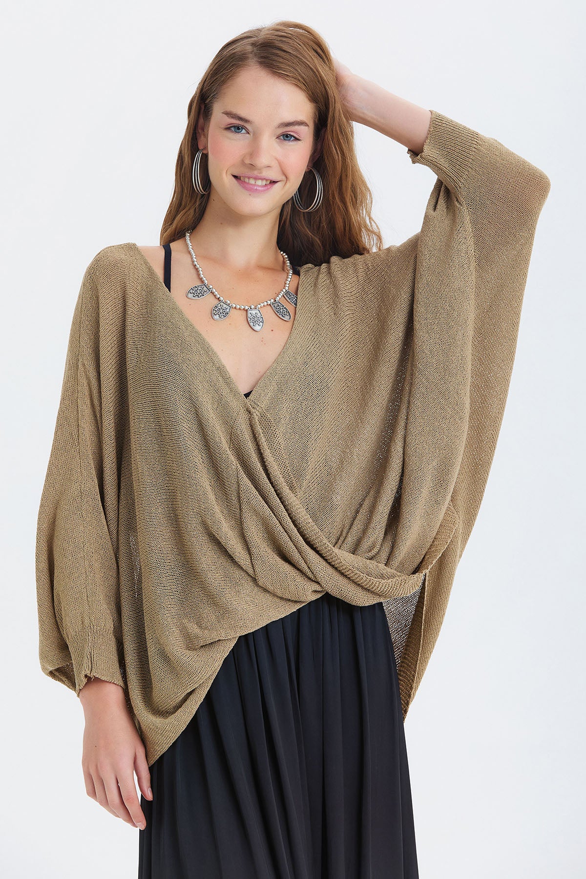 Oversize Bohem Triko Bluz Taba