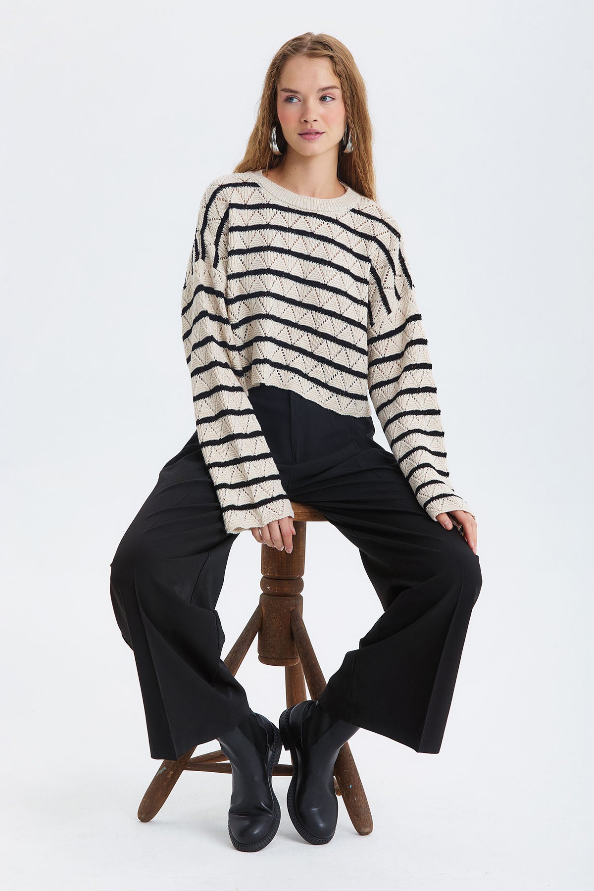 Çizgili Crop Triko Kazak Siyah - Bej