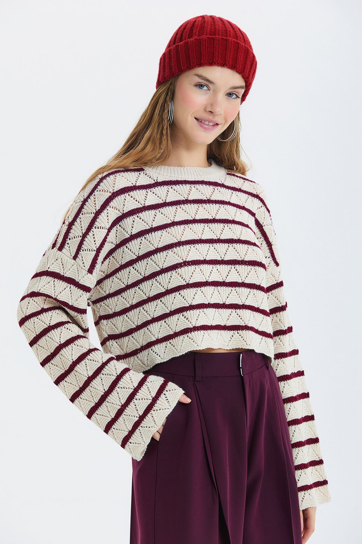 Çizgili Crop Triko Kazak Bordo - Bej