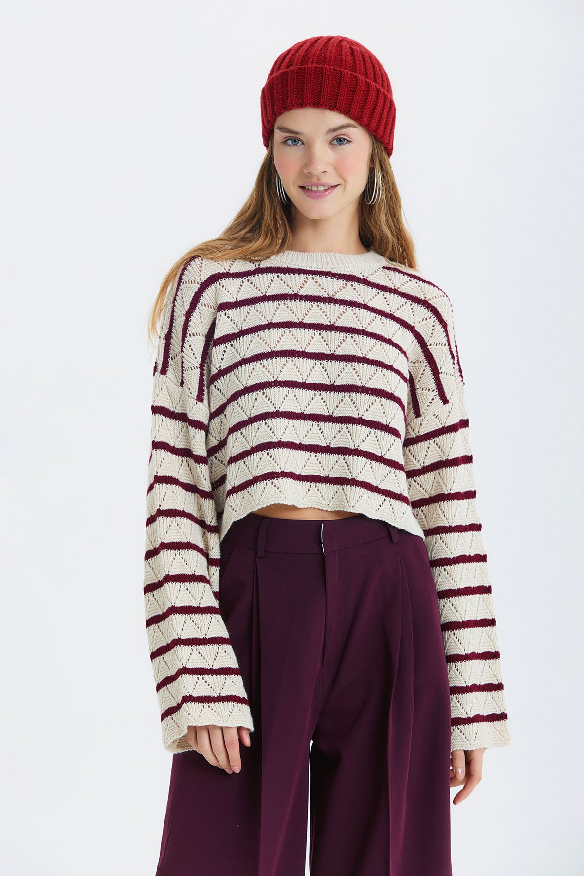 Çizgili Crop Triko Kazak Bordo - Bej