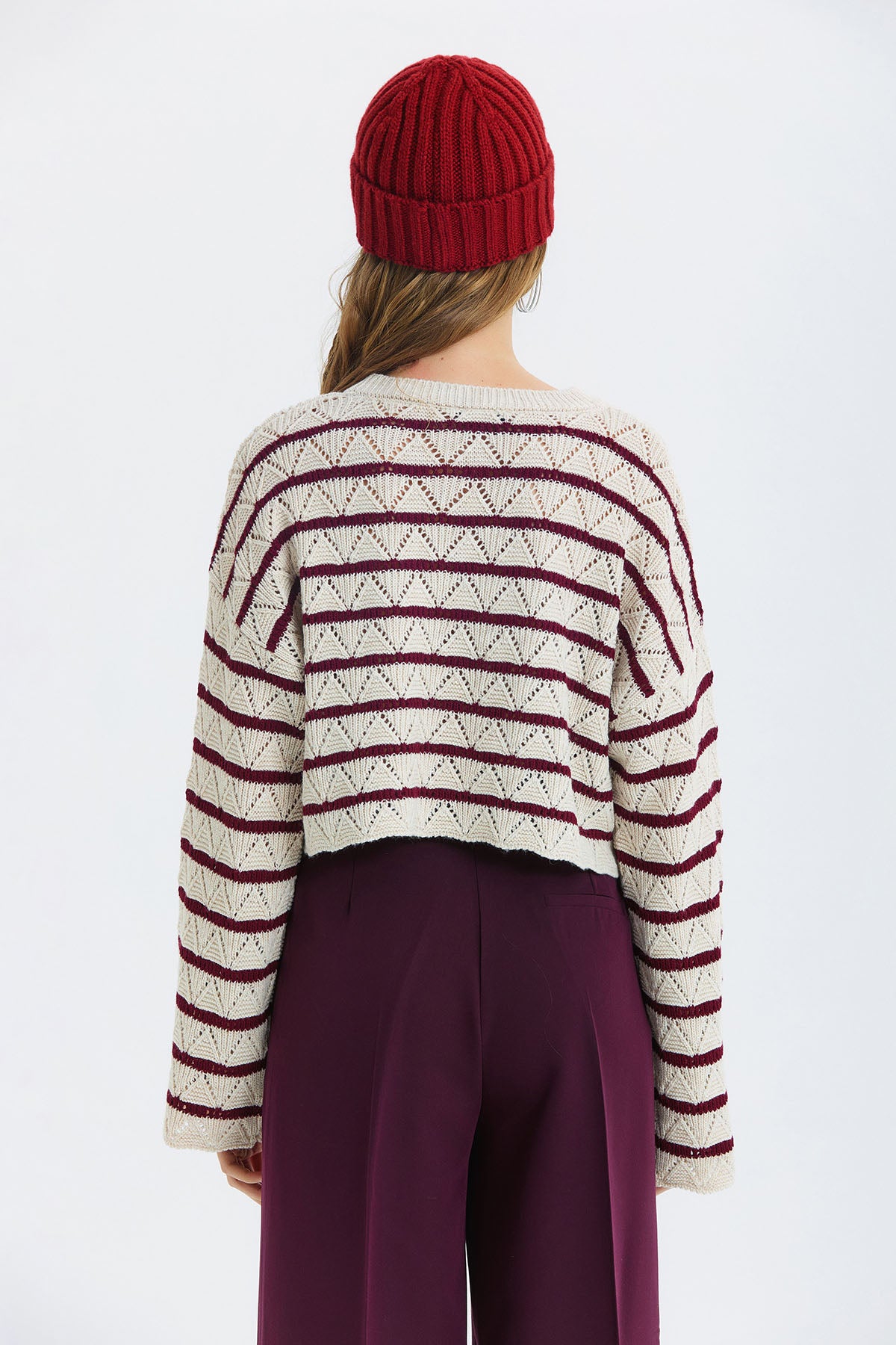 Çizgili Crop Triko Kazak Bordo - Bej