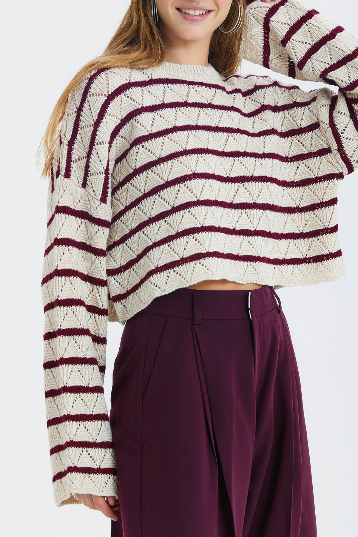 Çizgili Crop Triko Kazak Bordo - Bej