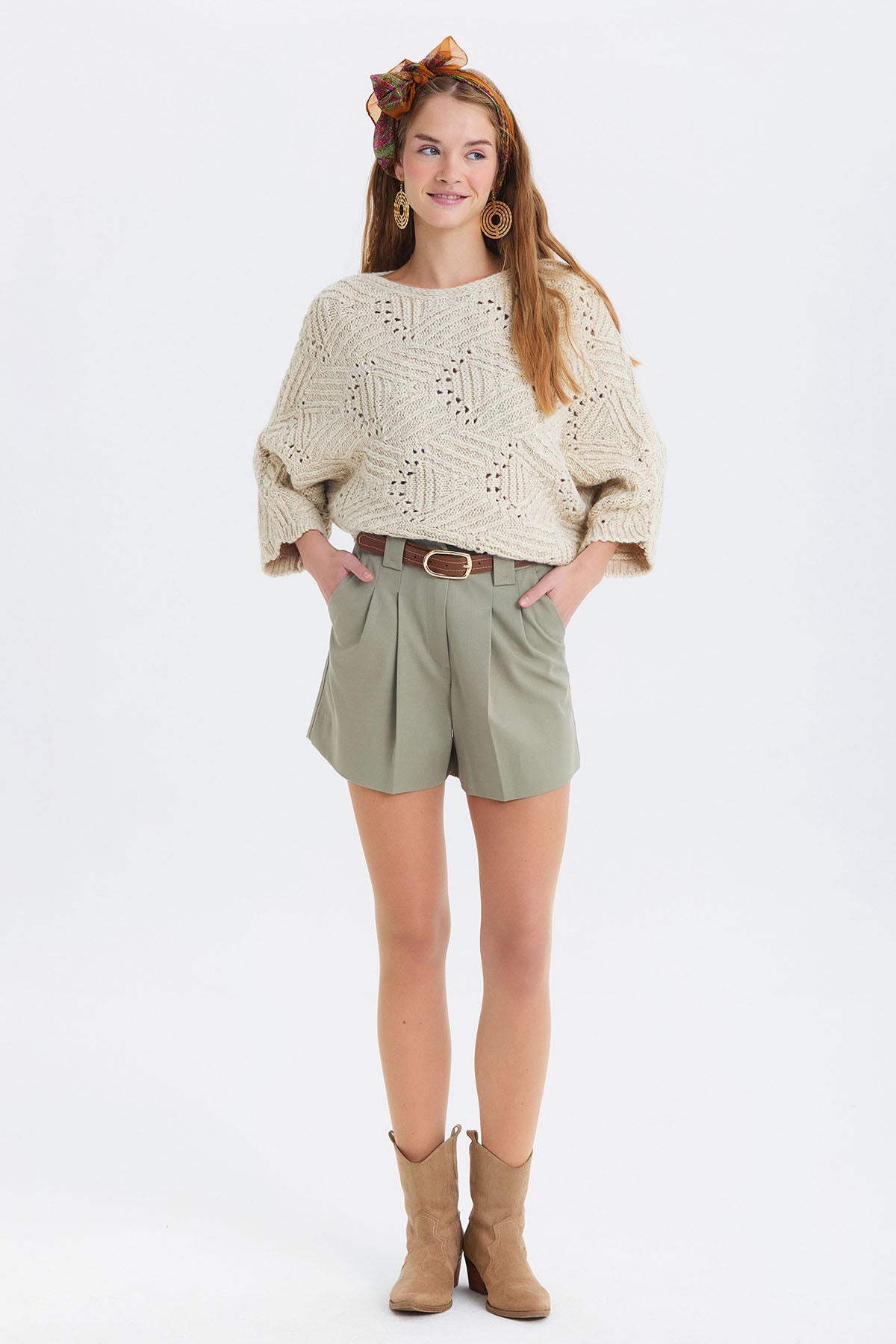 Oversize Örme Desenli Triko Kazak Bej