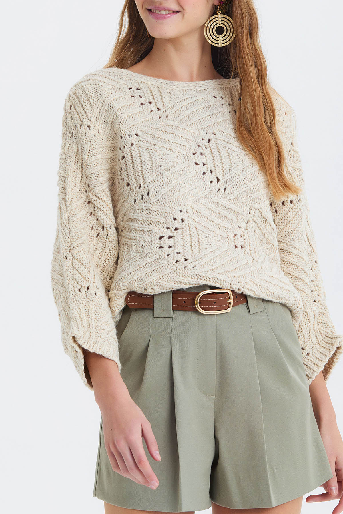 Oversize Örme Desenli Triko Kazak Bej