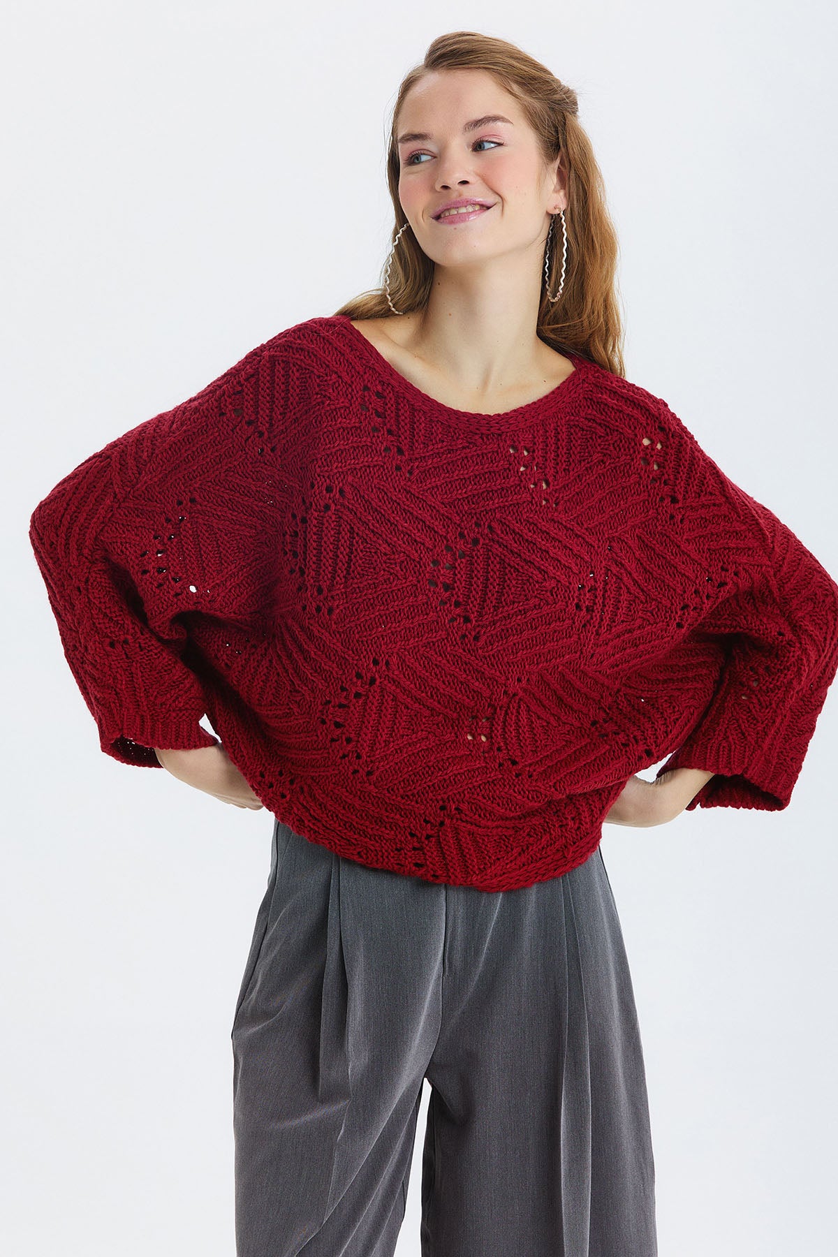 Oversize Örme Desenli Triko Kazak Bordo