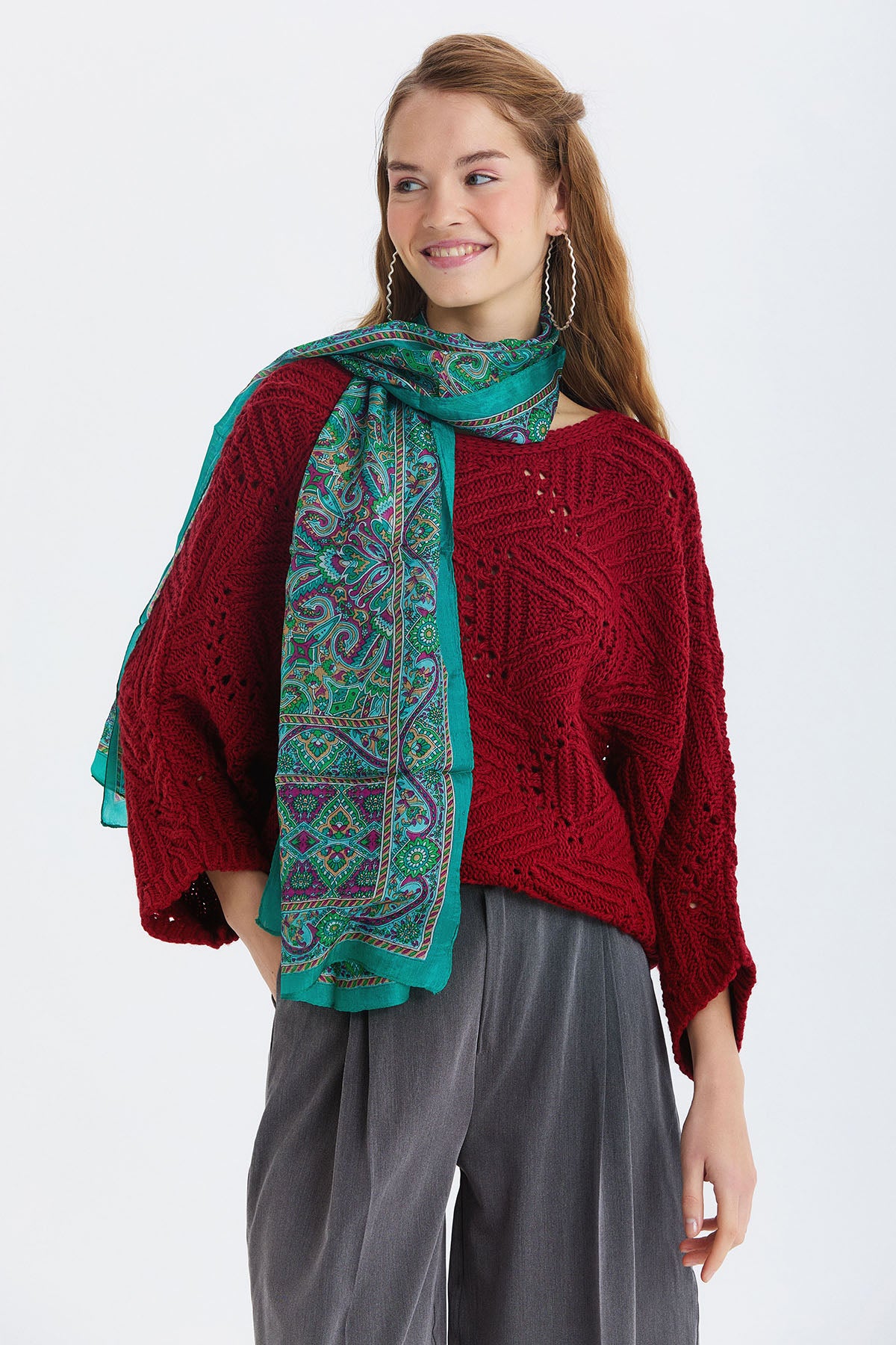 Oversize Örme Desenli Triko Kazak Bordo