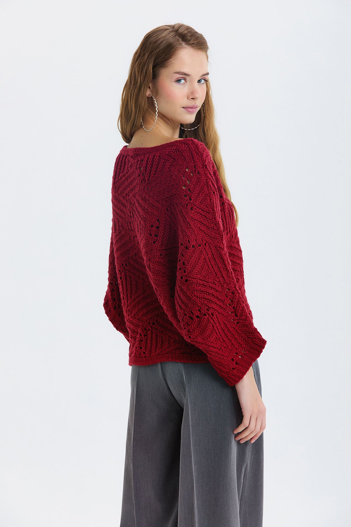 Oversize Örme Desenli Triko Kazak Bordo