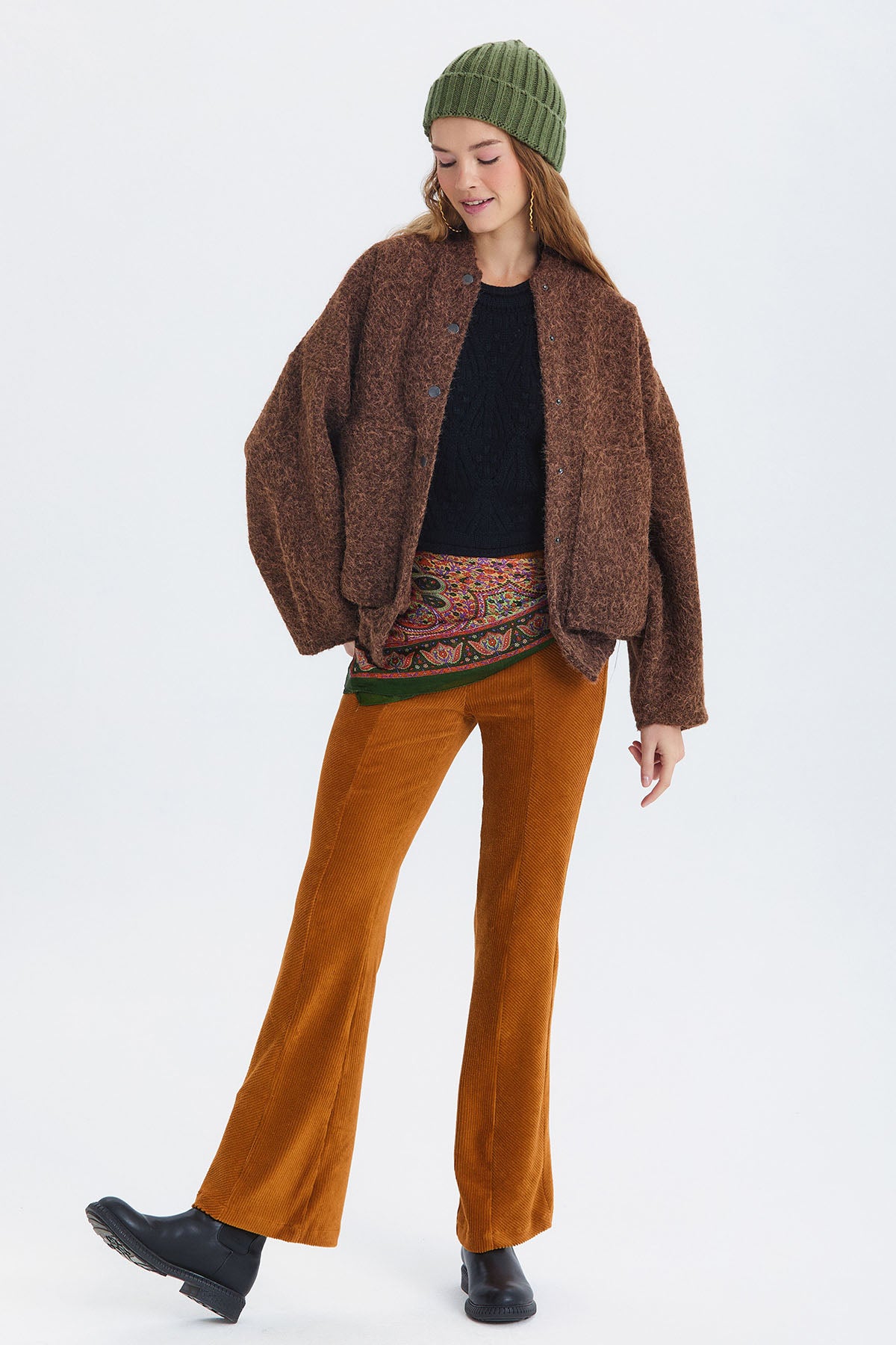 Örgü Desenli Kısa Kollu Kazak Siyah