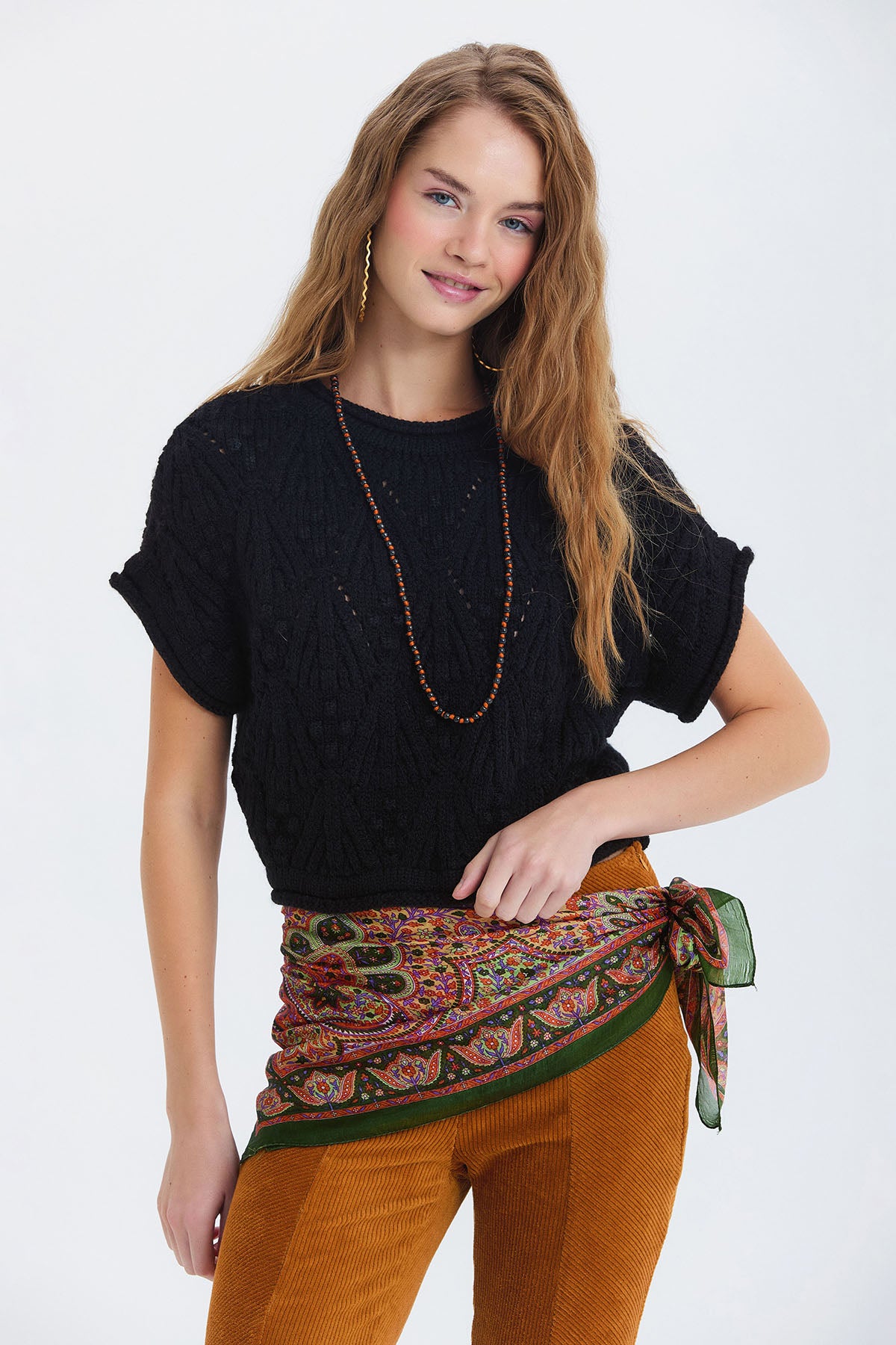 Örgü Desenli Kısa Kollu Kazak Siyah