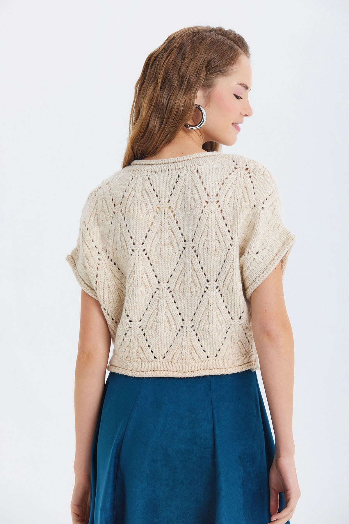 Örgü Desenli Kısa Kollu Kazak Bej