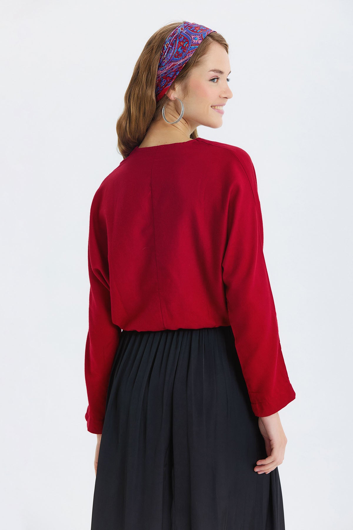 Beli Lastikli Uzun Kollu Crop Bluz Kırmızı