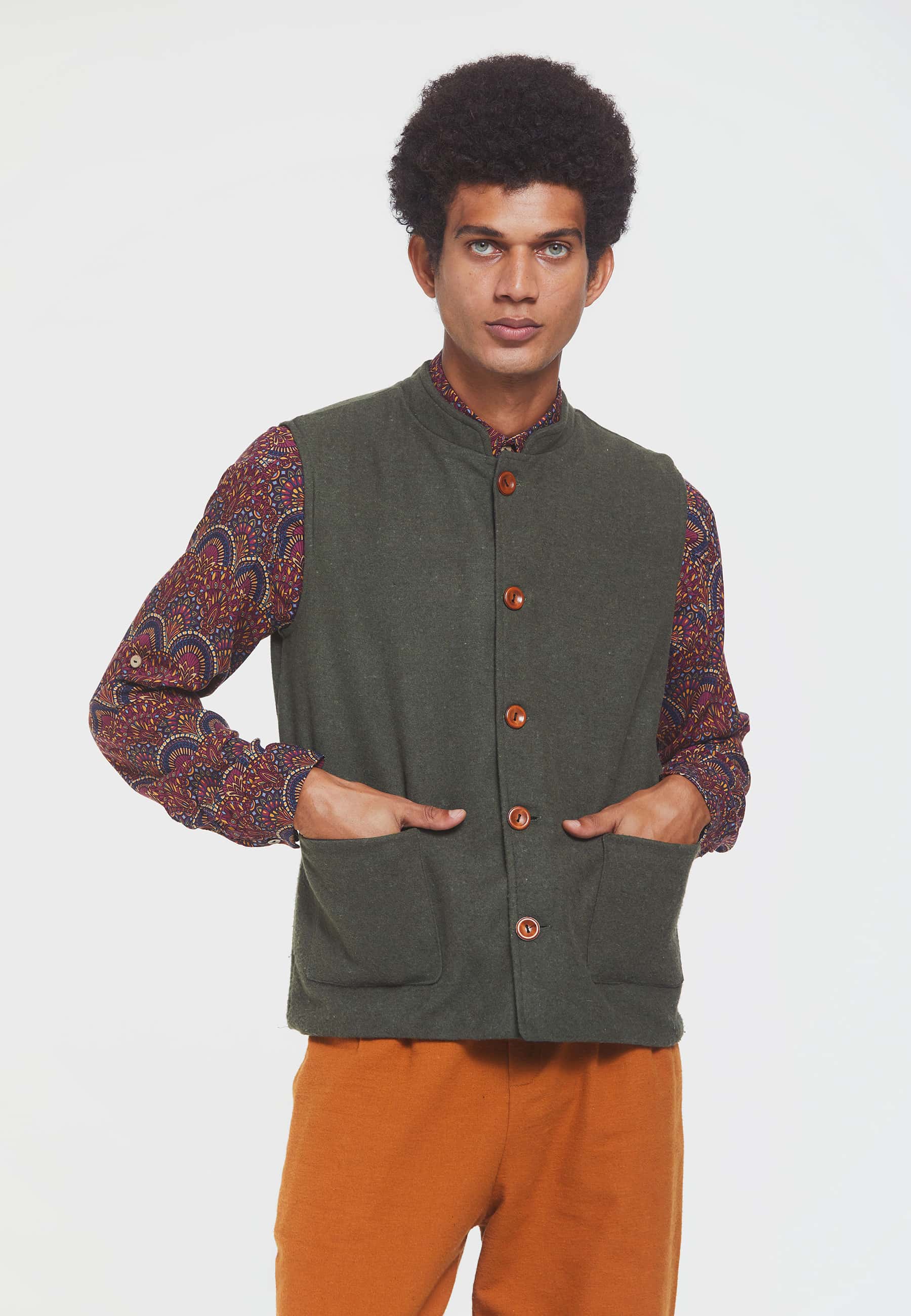 Hakim Yaka Bohem Erkek Yelek Haki