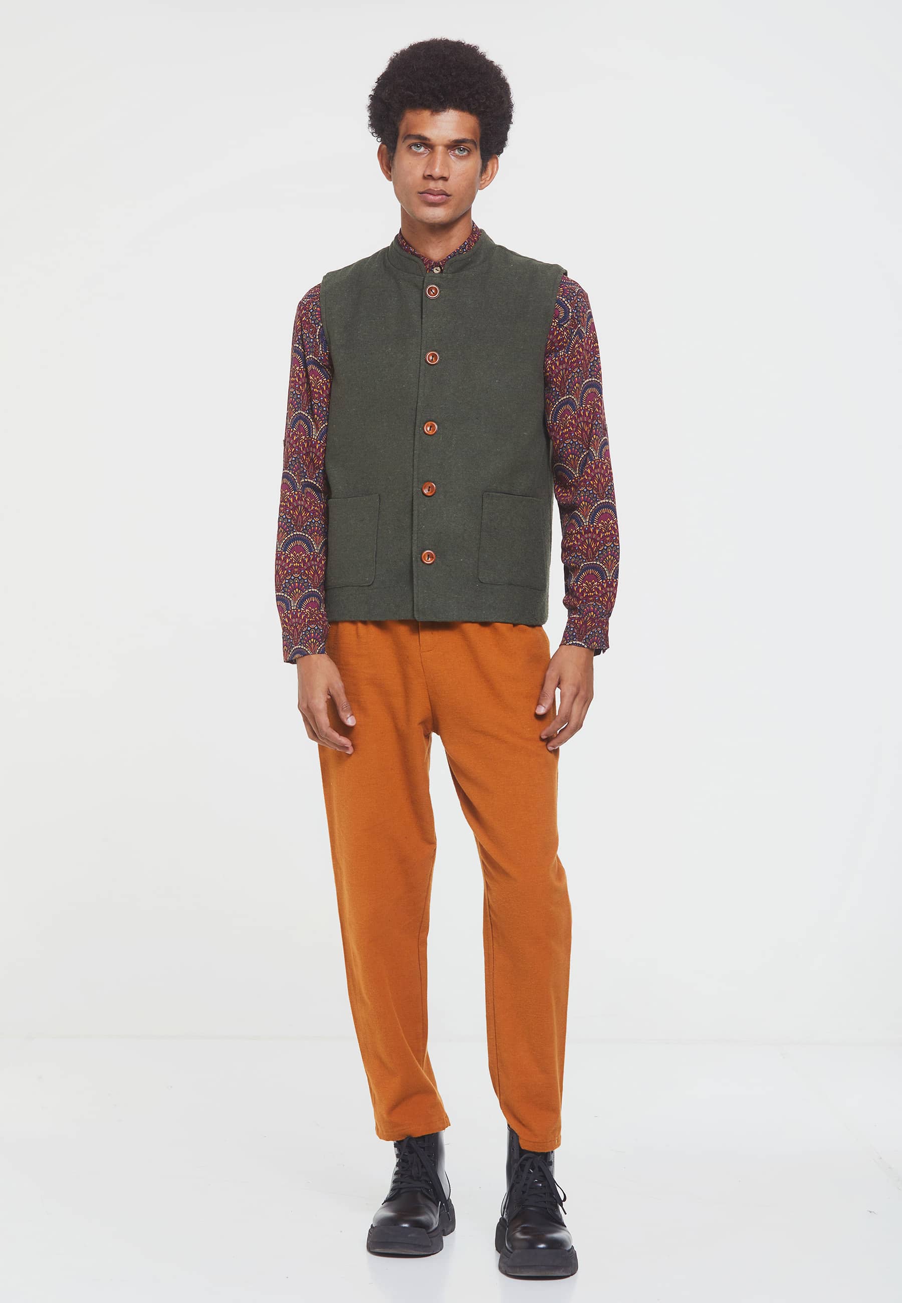 Hakim Yaka Bohem Erkek Yelek Haki