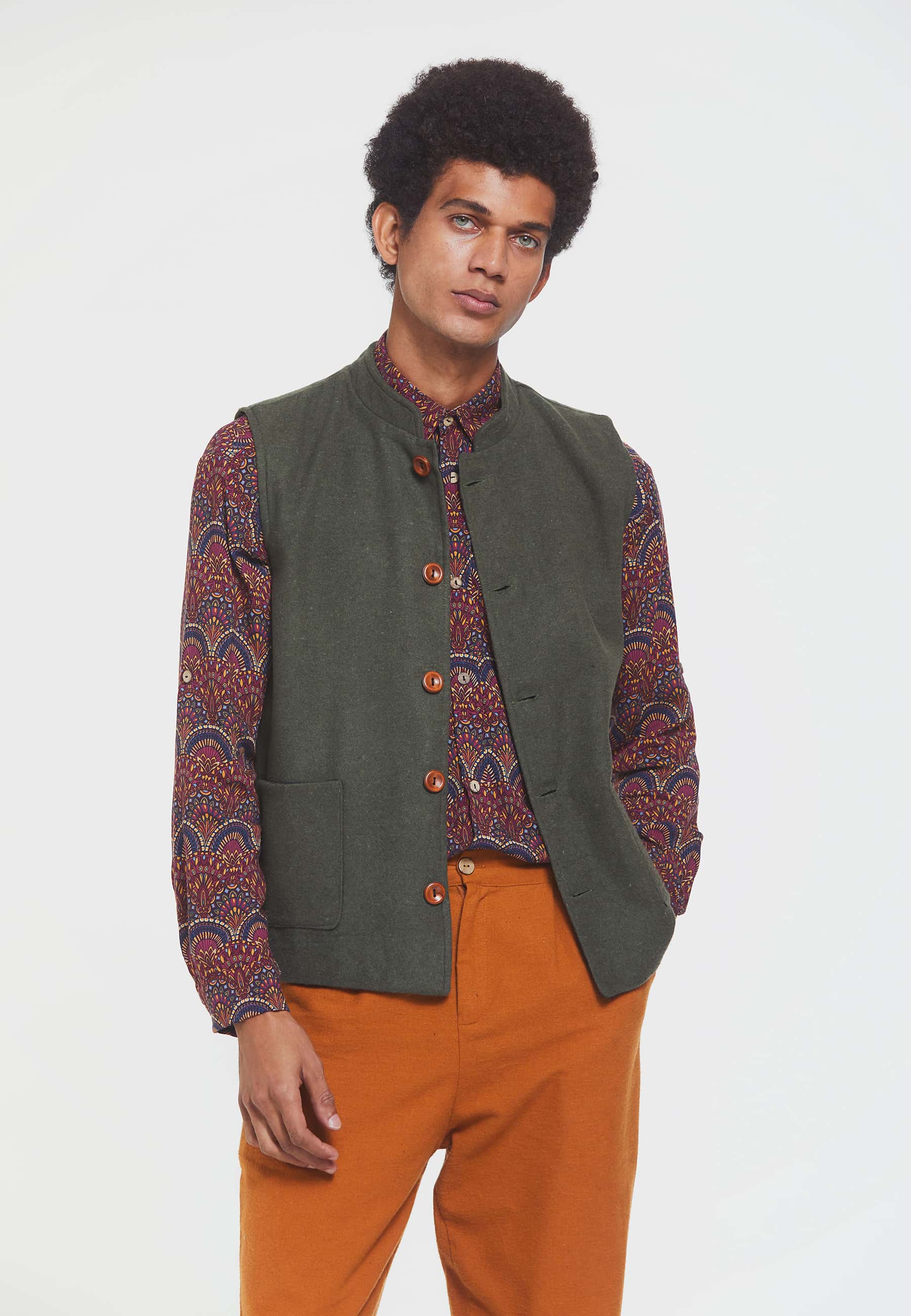 Hakim Yaka Bohem Erkek Yelek Haki