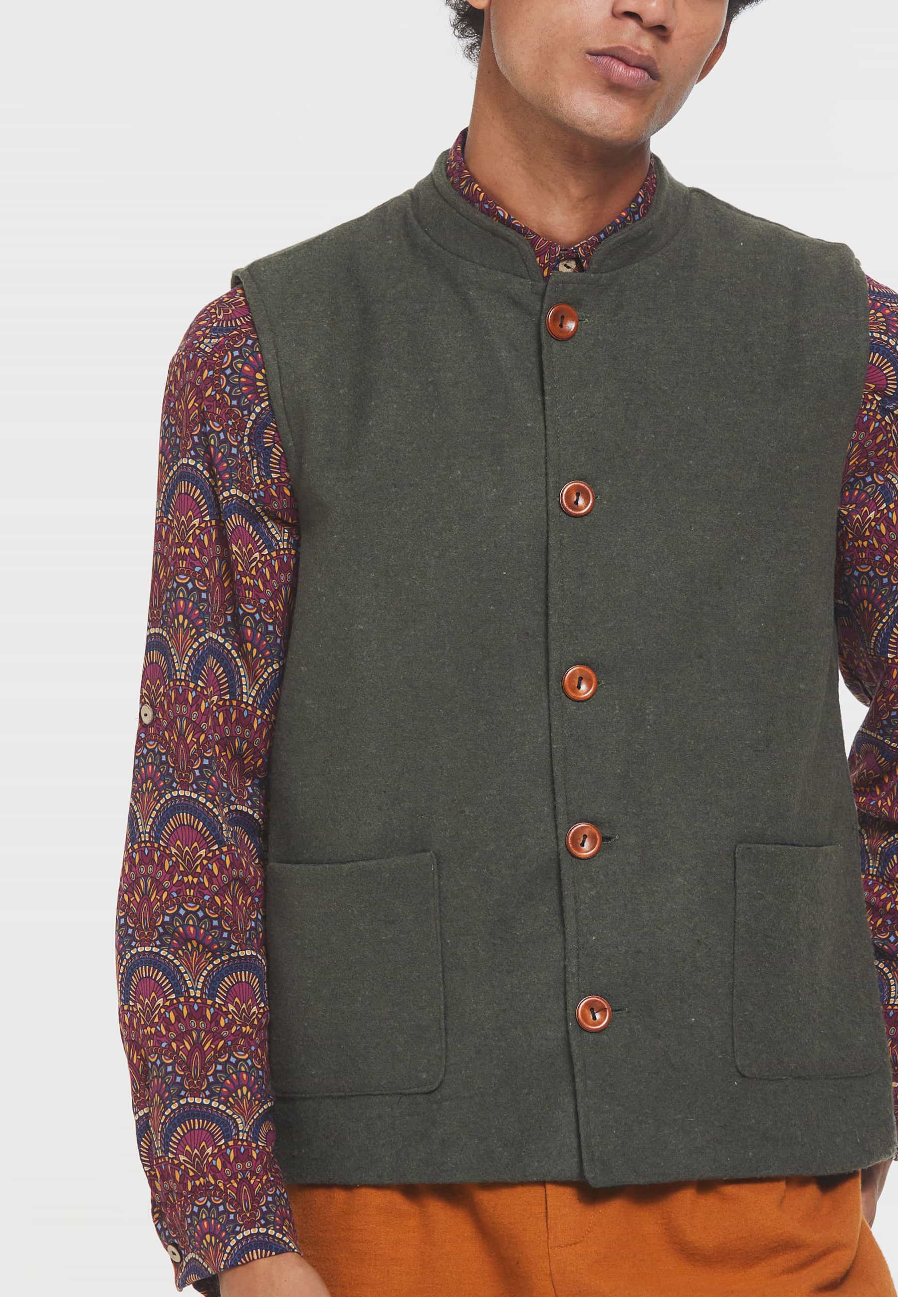 Hakim Yaka Bohem Erkek Yelek Haki