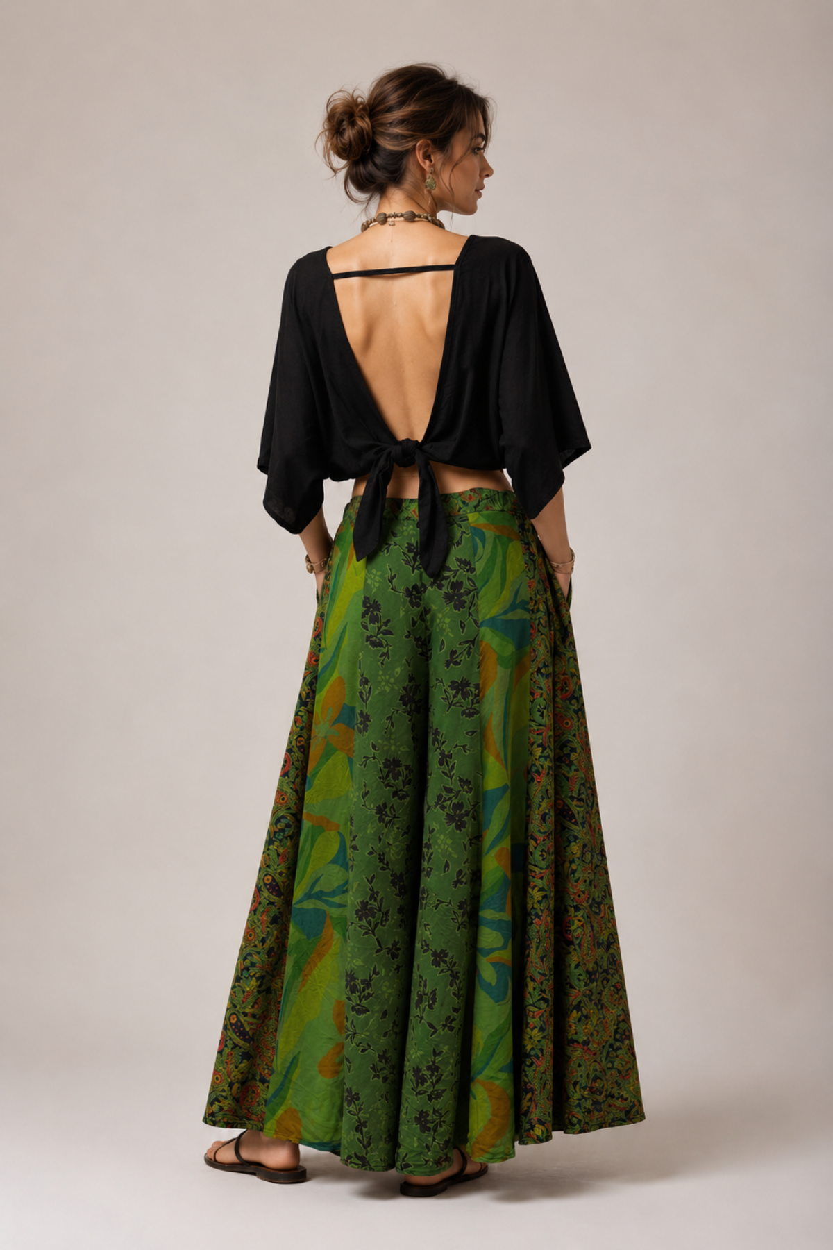 Patchwork Bol Paça Pantolon Yeşil