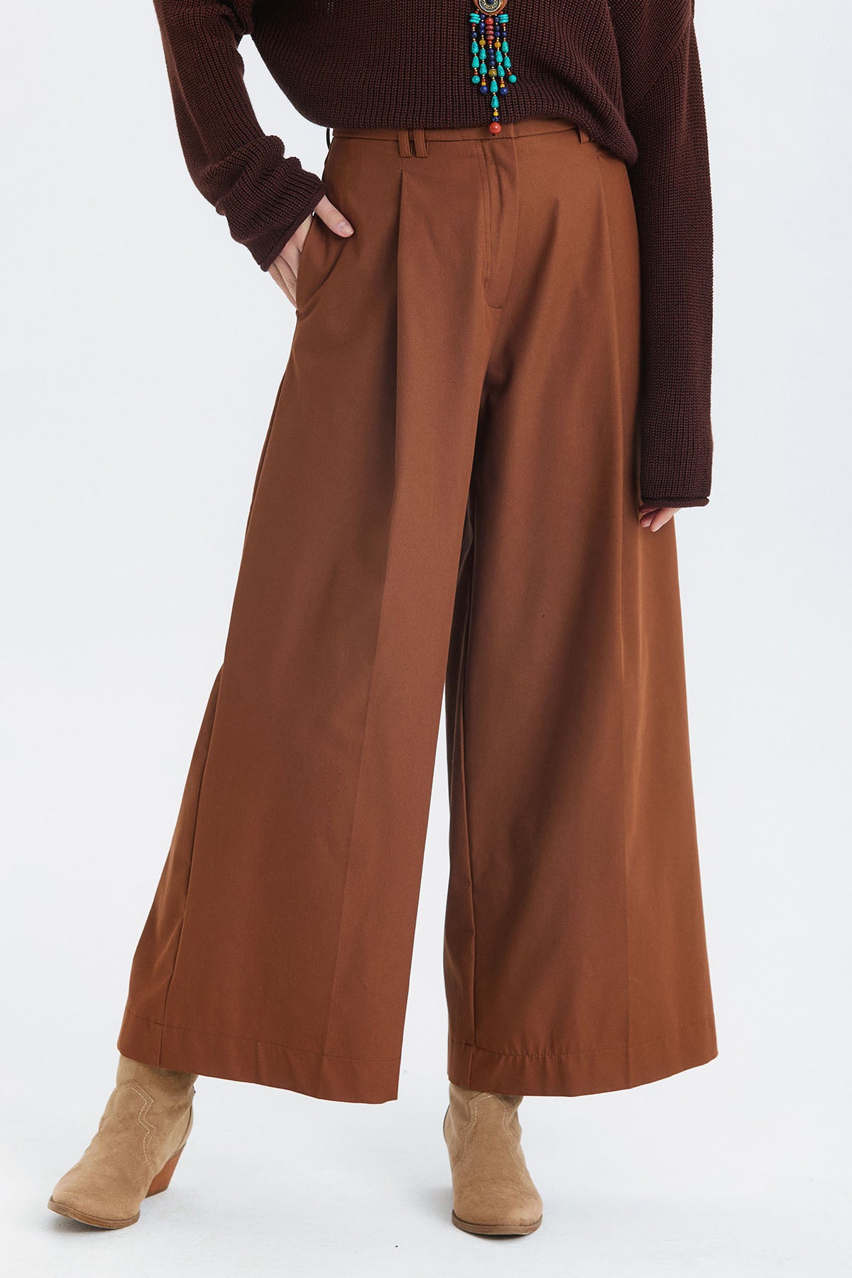 Pilili Loose Fit Kumaş Pantolon Kahverengi