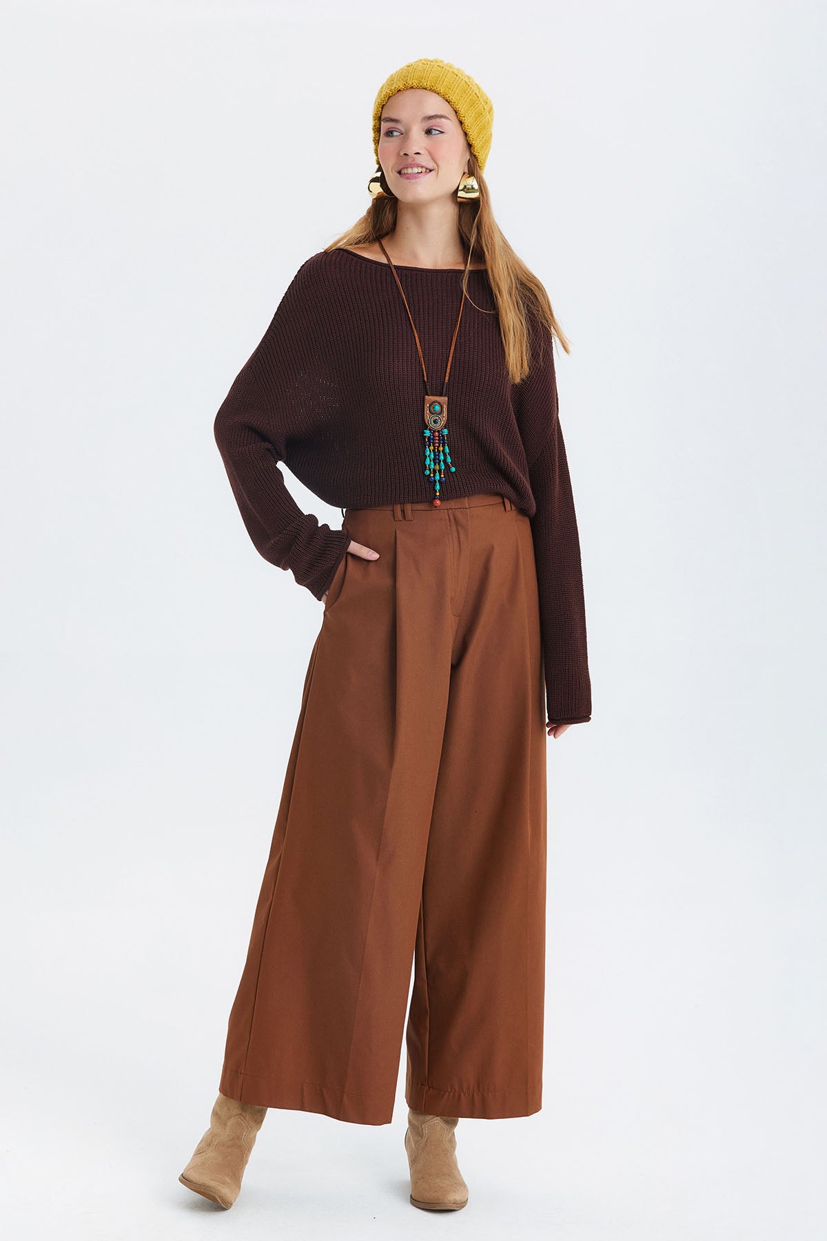 Pilili Loose Fit Kumaş Pantolon Kahverengi