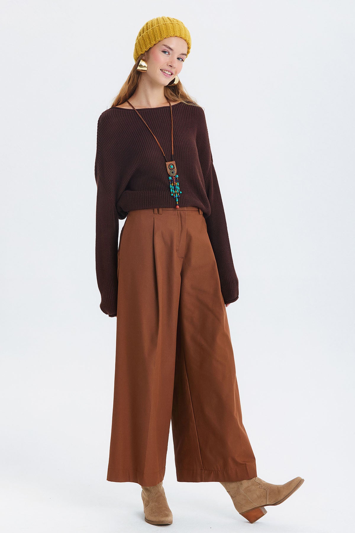 Pilili Loose Fit Kumaş Pantolon Kahverengi