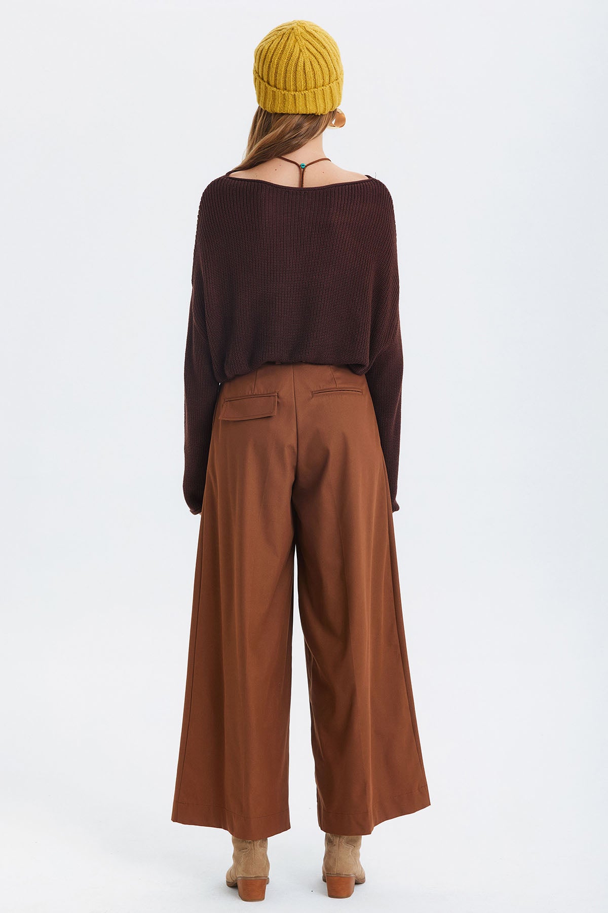 Pilili Loose Fit Kumaş Pantolon Kahverengi